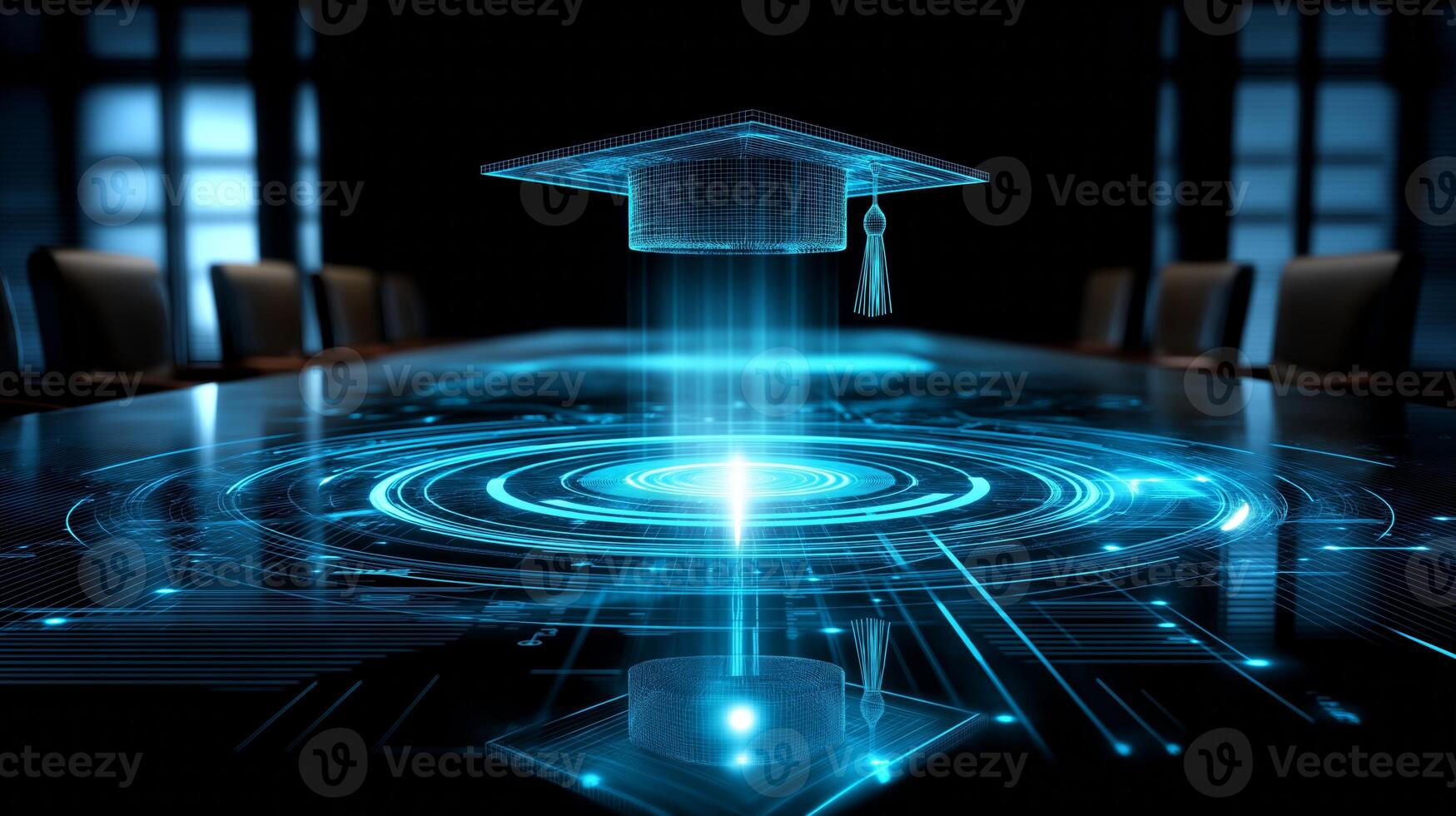 A hologram of a graduation cap hovers above a sleek conference table, creating a high-tech atmosphere ideal for academic discussions in a modern building. photo