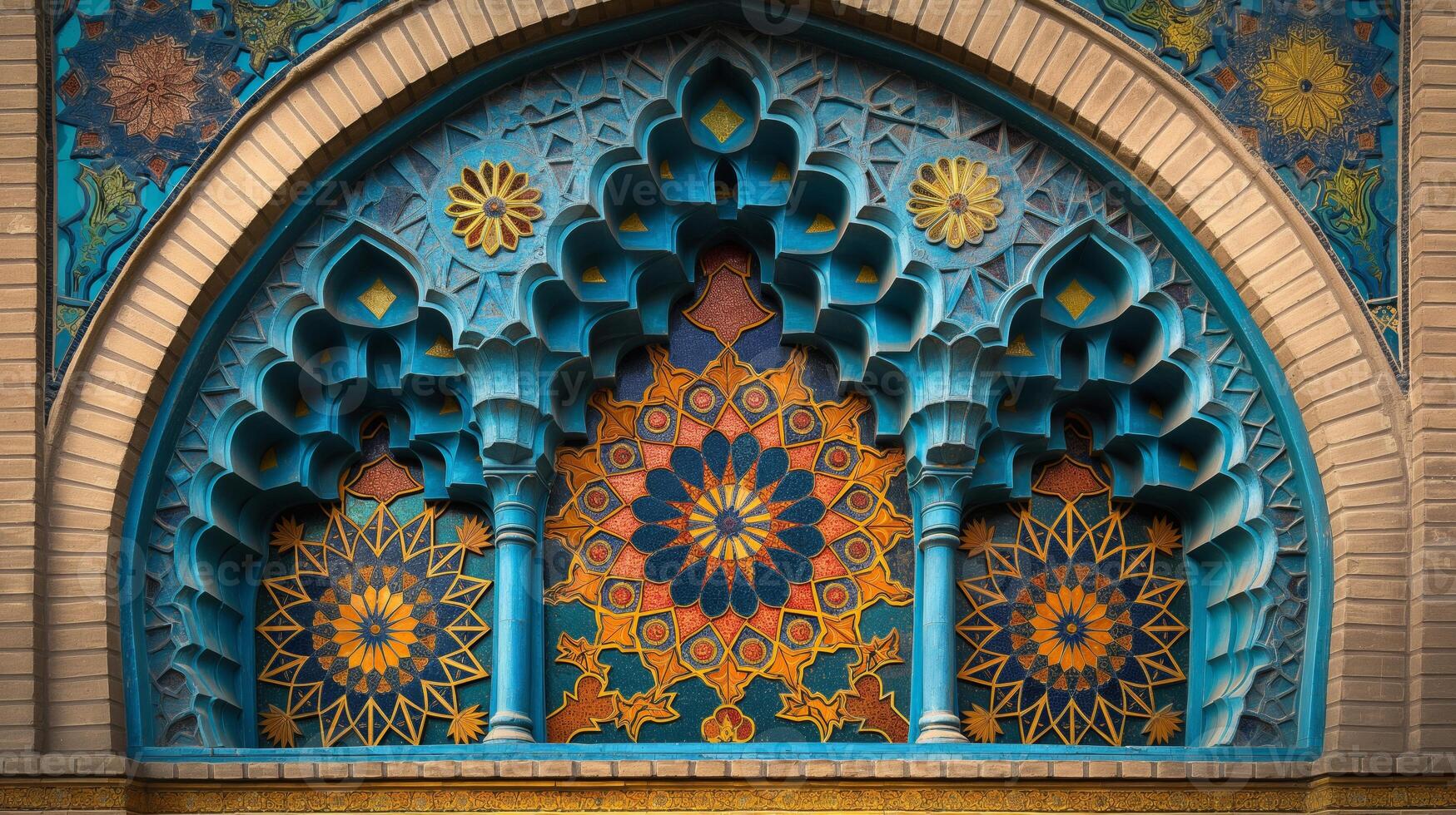 Intricate mosaic art is showcased with detailed patterns and vibrant colors, highlighting a fascinating abstract background that enhances the beauty of traditional craftsmanship. photo