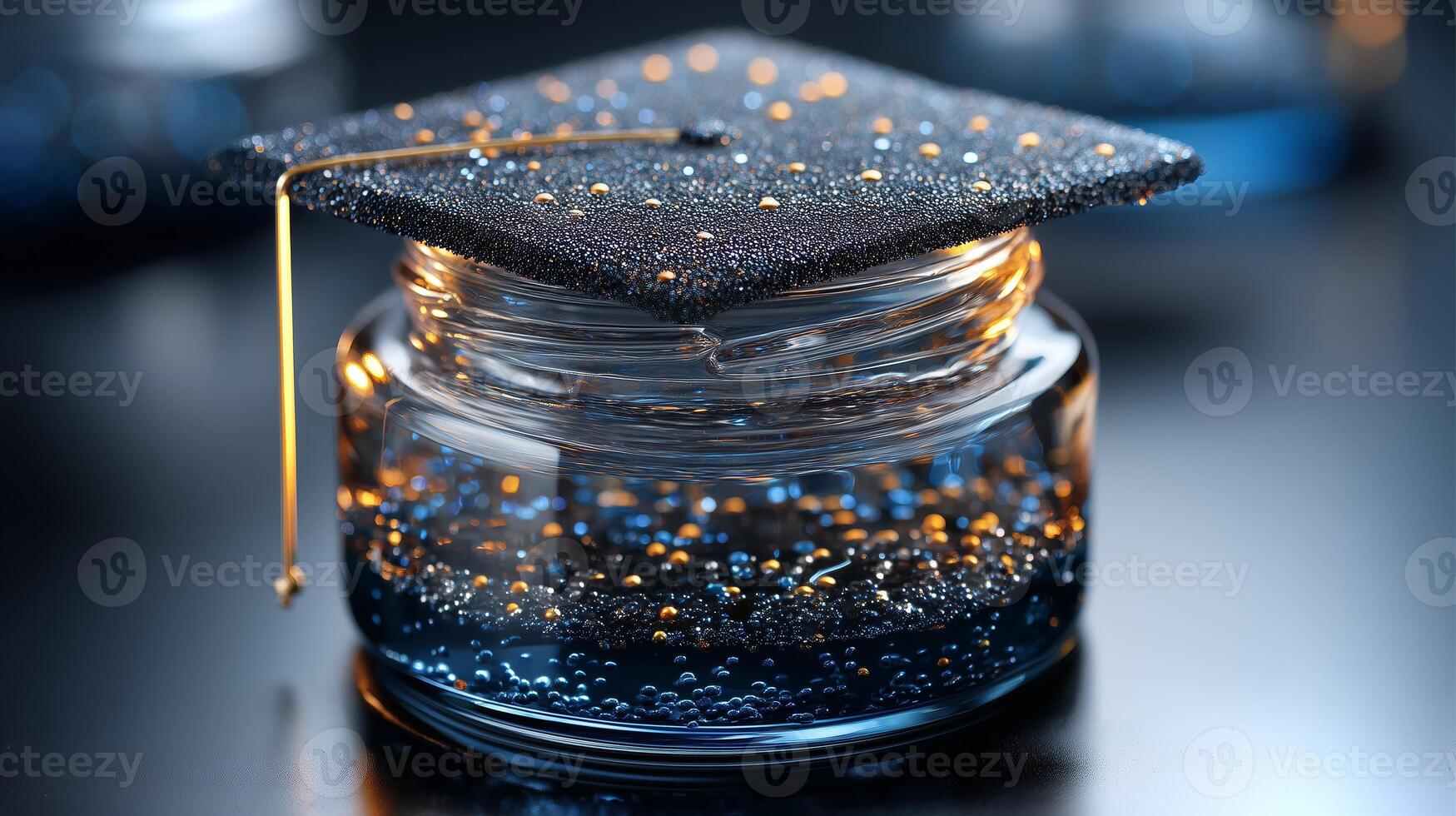 A graduation cap rests inside a clear jar filled with colorful slime and sparkling bubbles, showcasing a unique blend of celebration and creativity. photo