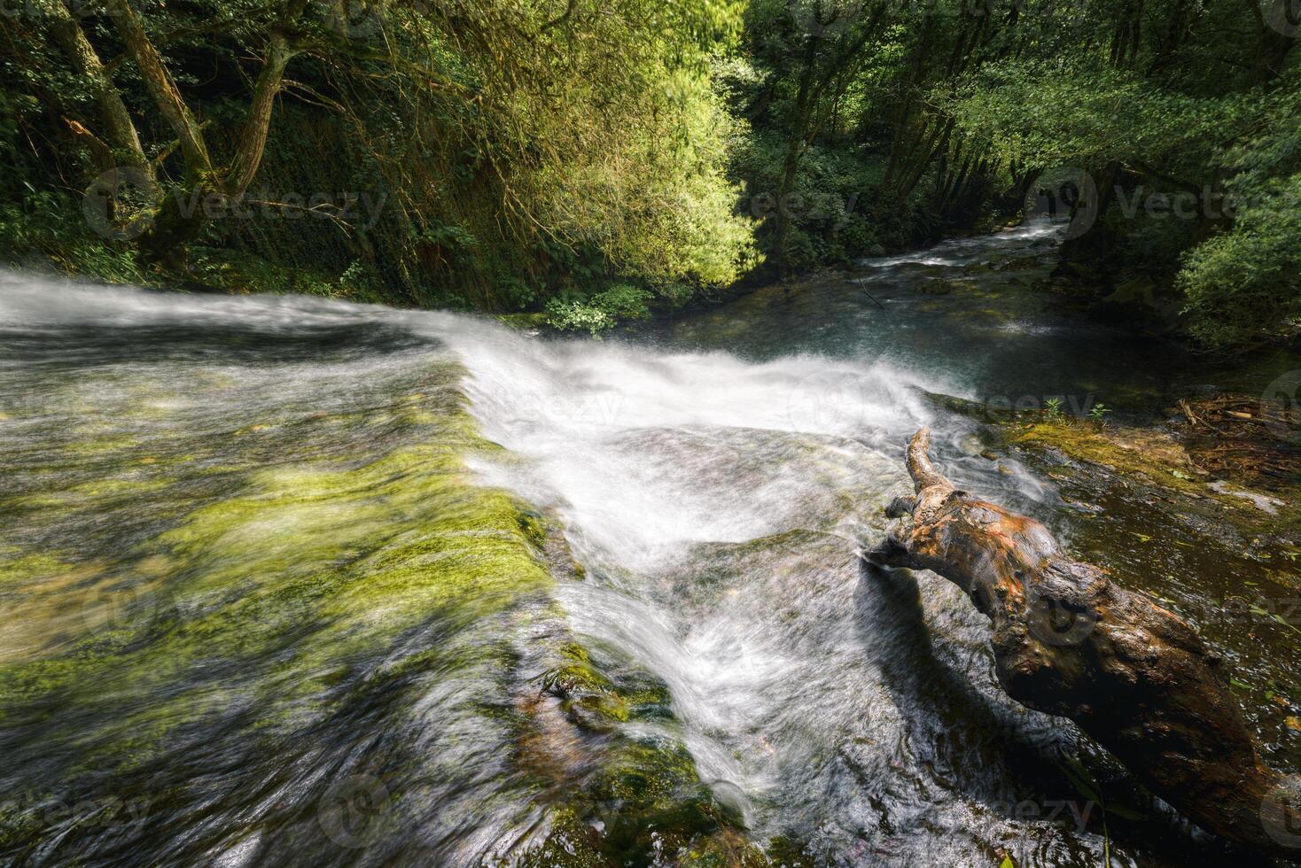 Spring light ignites the waters in a small waterfall photo