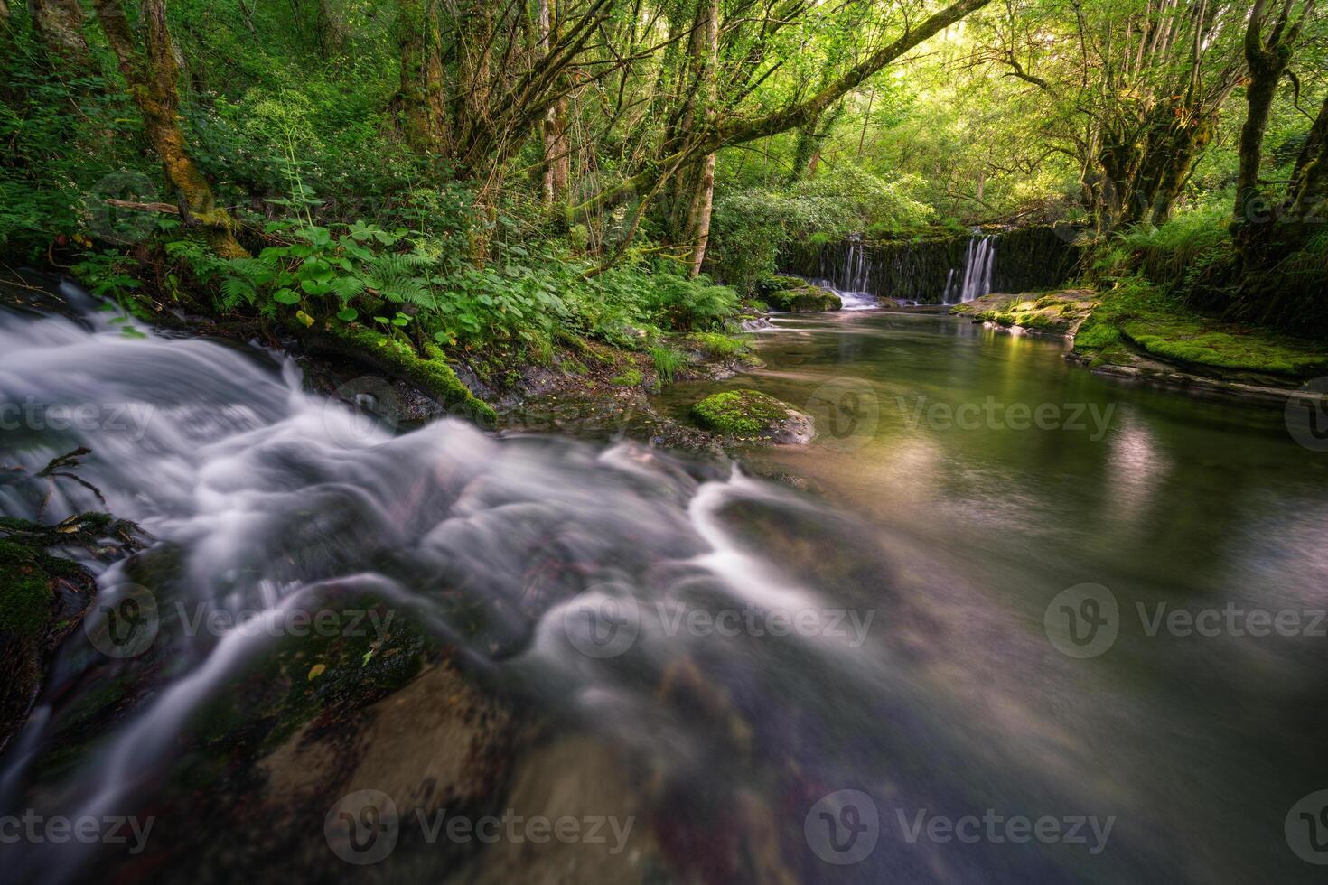 A small stream flows into a wide pool under a dam photo