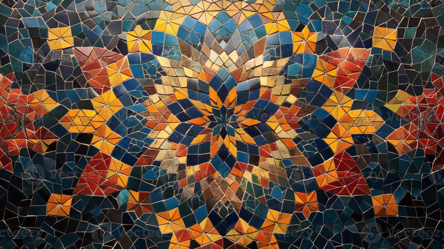 A stunning mosaic artwork with intricate geometric patterns in vibrant colors of blue, gold, and red. The design creates a mesmerizing abstract composition that captivates the viewer. photo