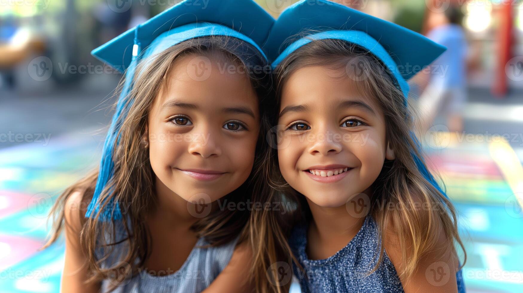 Twin siblings joyfully celebrate their graduation in a vibrant outdoor area, both wearing matching blue caps and smiling widely at the camera. photo