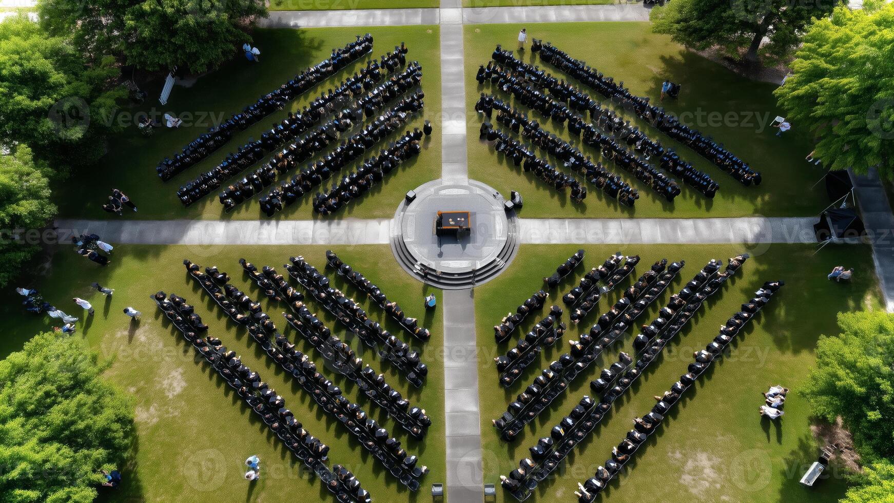 An expansive outdoor ceremony features geometrically arranged seating under clear skies. Attendees gather for a special occasion in a park setting. photo