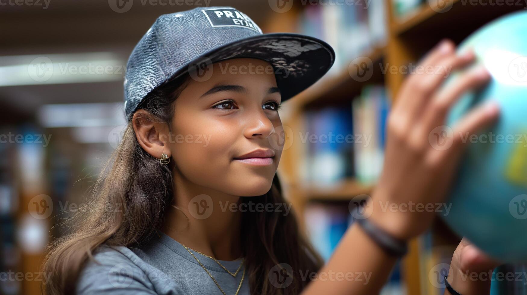 In a library, a Puerto Rican girl balances a globe on her fingertips, reflecting her curiosity and interest in geography while wearing a cap. photo