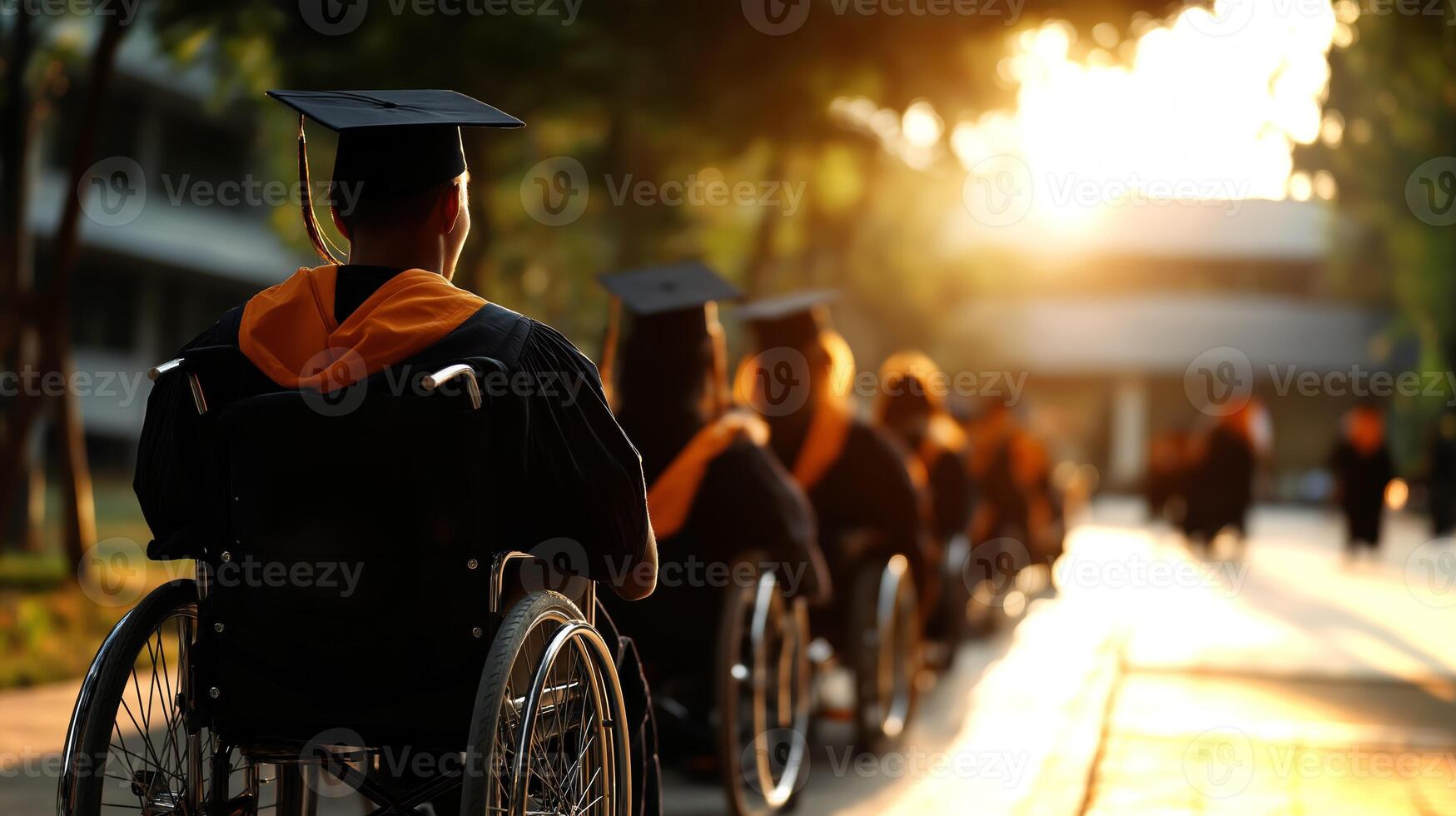 Graduates in wheelchairs participate in a ceremonial procession, showcasing determination and accessibility during their graduation celebration on a sunny day. photo
