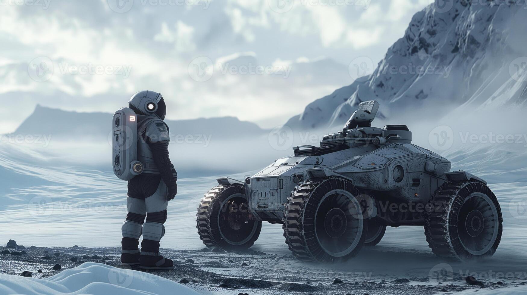 An astronaut stands in a frosty landscape, gazing at a futuristic exploration vehicle. photo