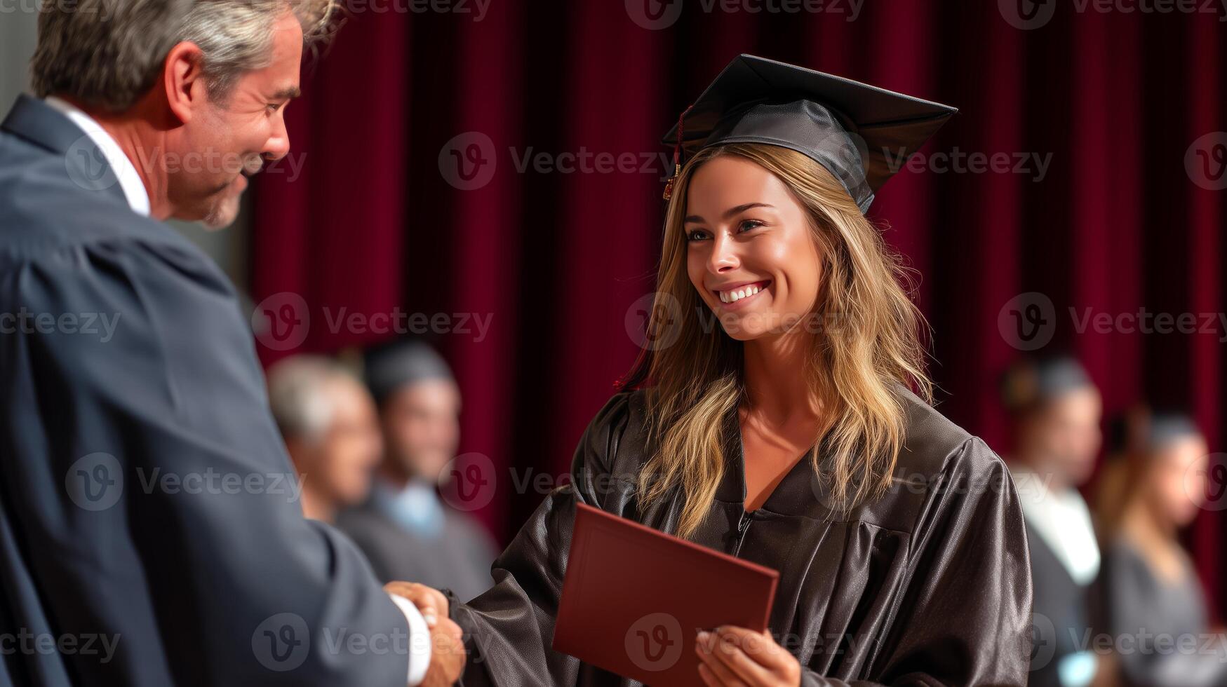 Dean hands a diploma to a smiling female graduate in a black cap and gown at a commencement ceremony, celebrating her academic achievement in front of peers. photo