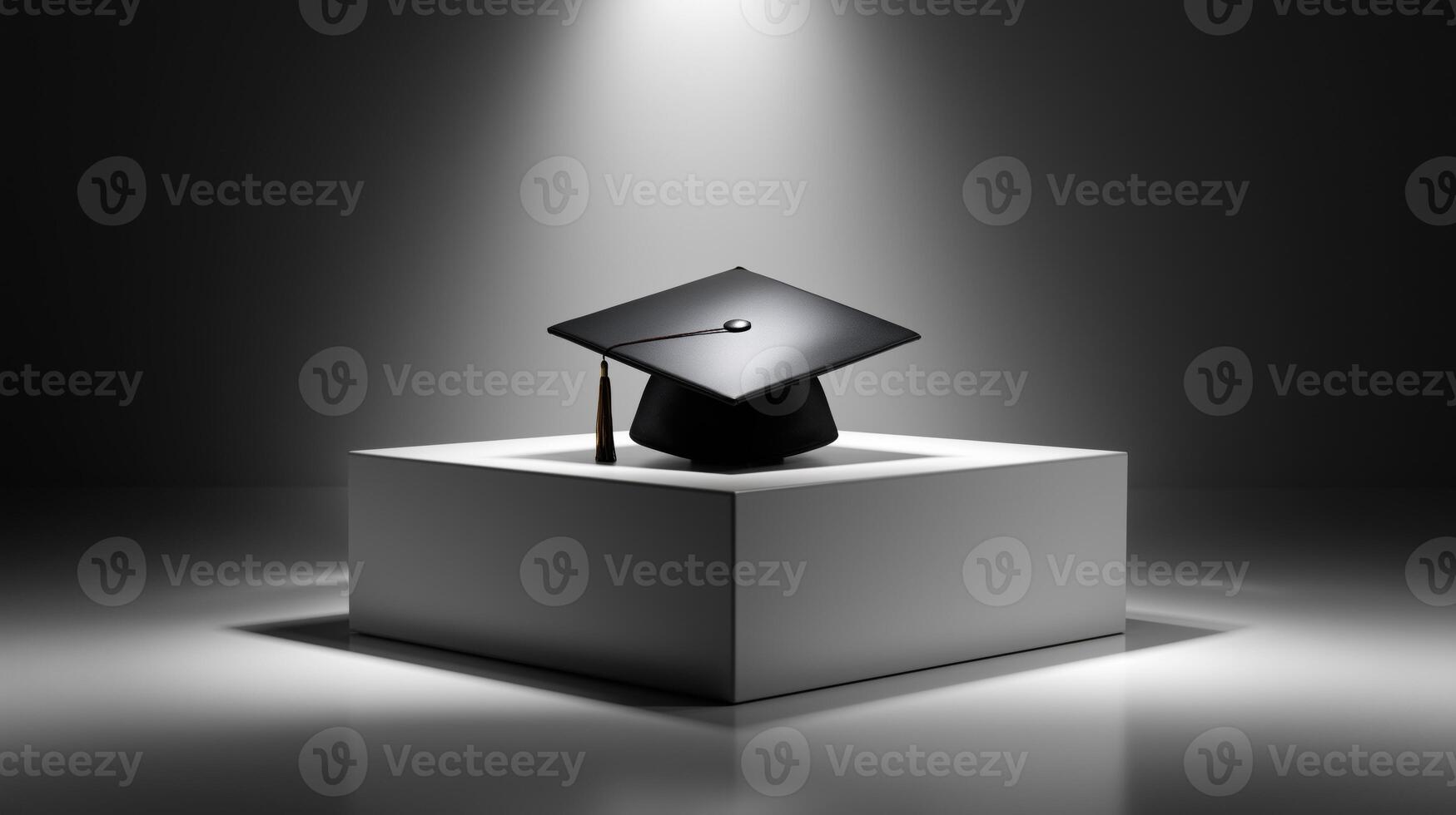 A black graduation cap sits prominently on a white pedestal, illuminated by focused light, symbolizing academic achievement and celebration in a refined atmosphere. photo