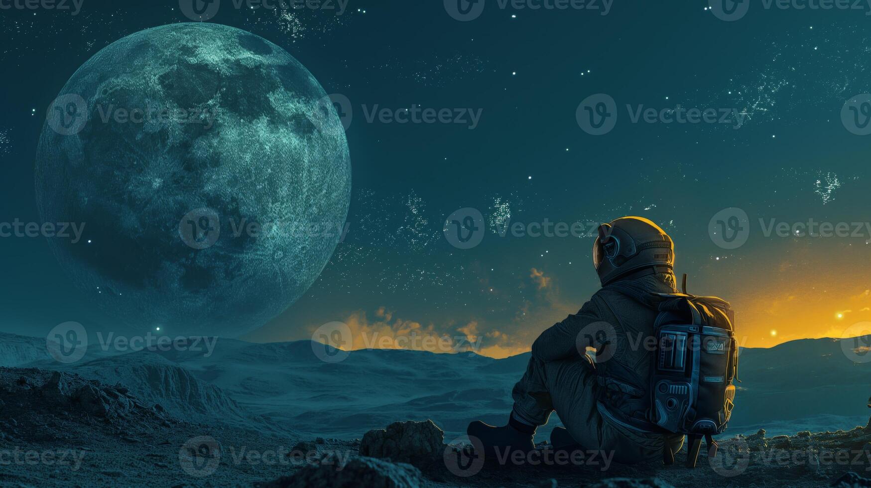 A solitary wanderer in a space suit sits on a rugged landscape, contemplating the vast universe. The glowing moon illuminates the darkened sky, creating a serene yet vast atmosphere. photo
