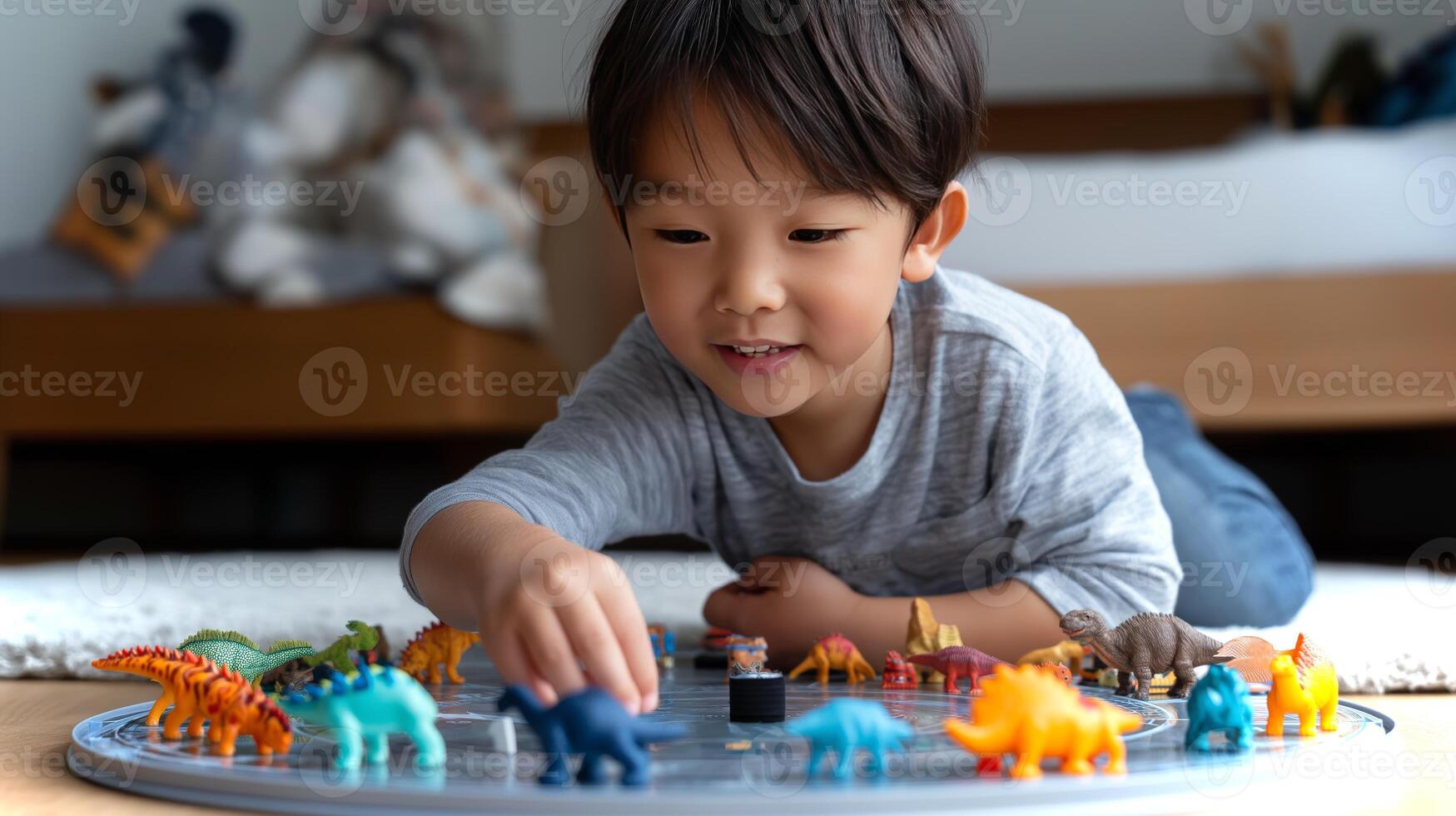 A young Korean boy joyfully arranges a variety of colorful toy dinosaurs in a circle on the floor. He is focused and engaged in play. photo