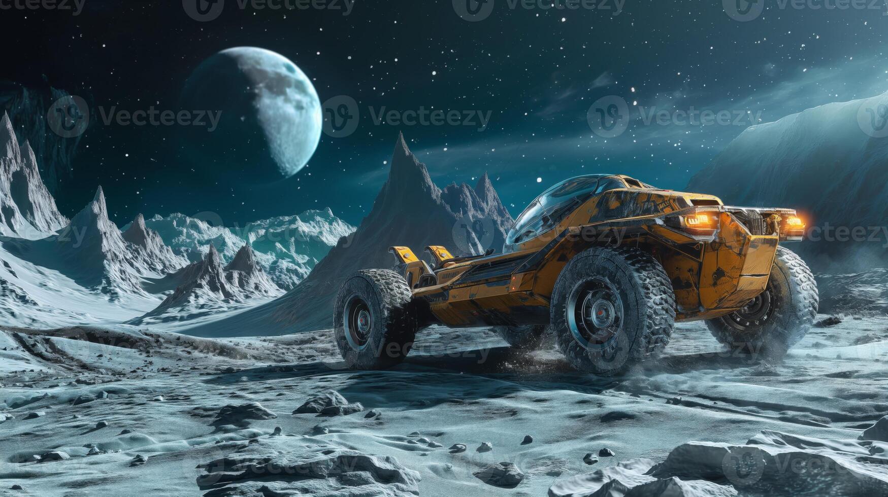 A rugged rover traverses a barren alien terrain, surrounded by towering mountains and a vast sky adorned with a large moon. photo