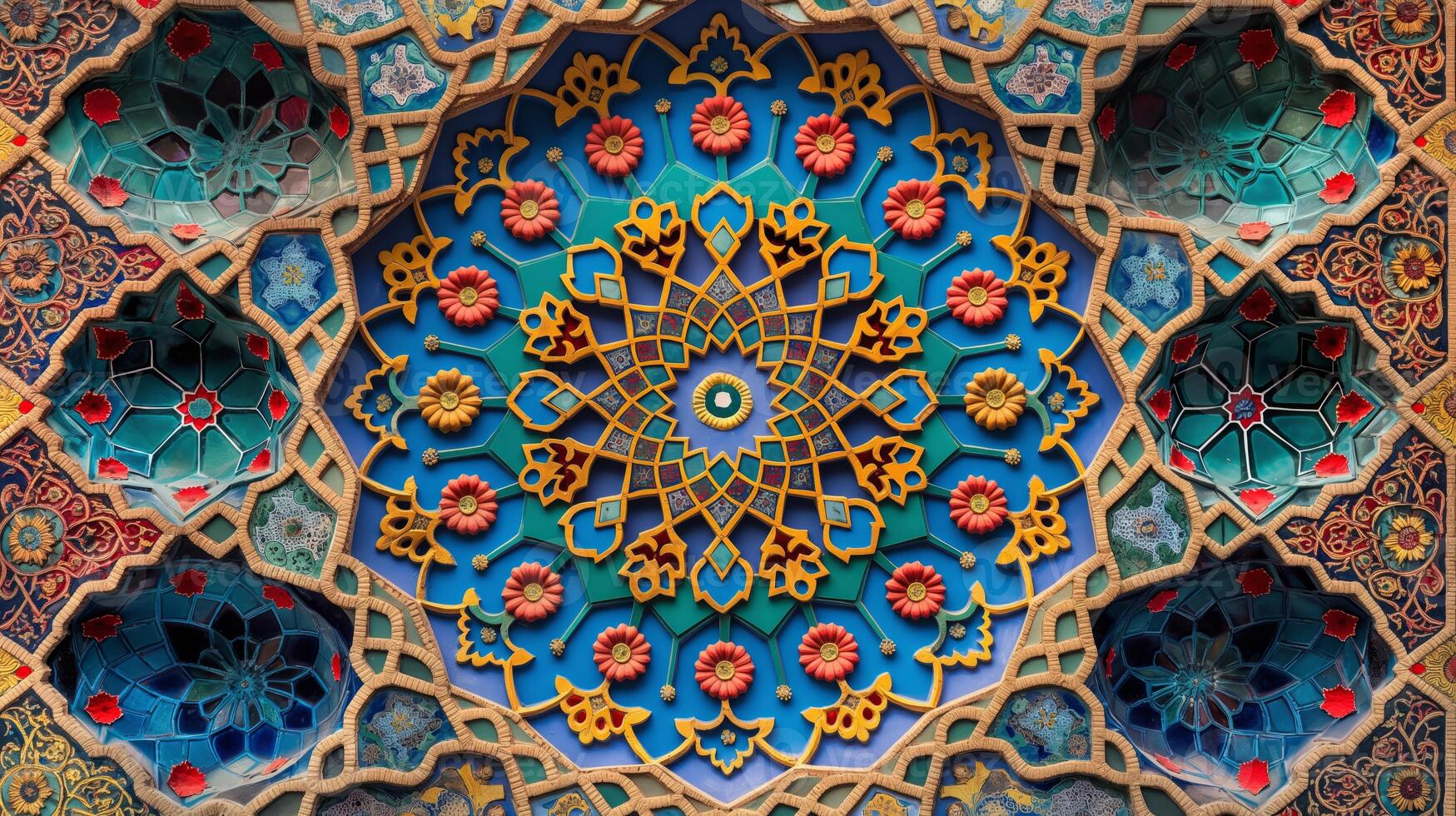 A stunning mosaic features a vivid blend of colors and intricate floral motifs, creating an abstract design that captures attention. photo