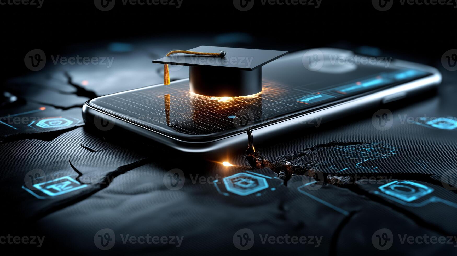 Graduation cap floats above a cracked surface, signifying success amidst challenges, blending traditional and digital elements in a modern setting. photo