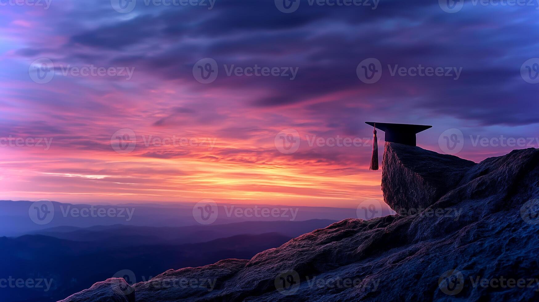 A graduation cap rests on a rough mountain peak, silhouetted against a stunning sunset sky filled with colorful clouds. photo