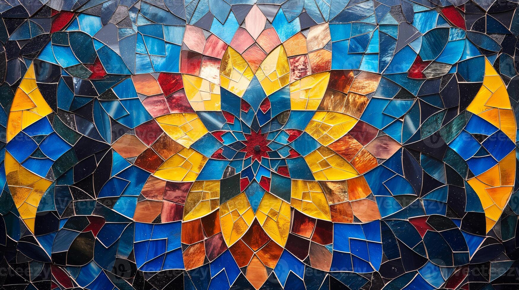 A stunning mosaic design showcases an intricate arrangement of bright colors and shapes. The artwork presents a blend of blue, yellow, and red tones, evoking a lively and artistic ambiance. photo