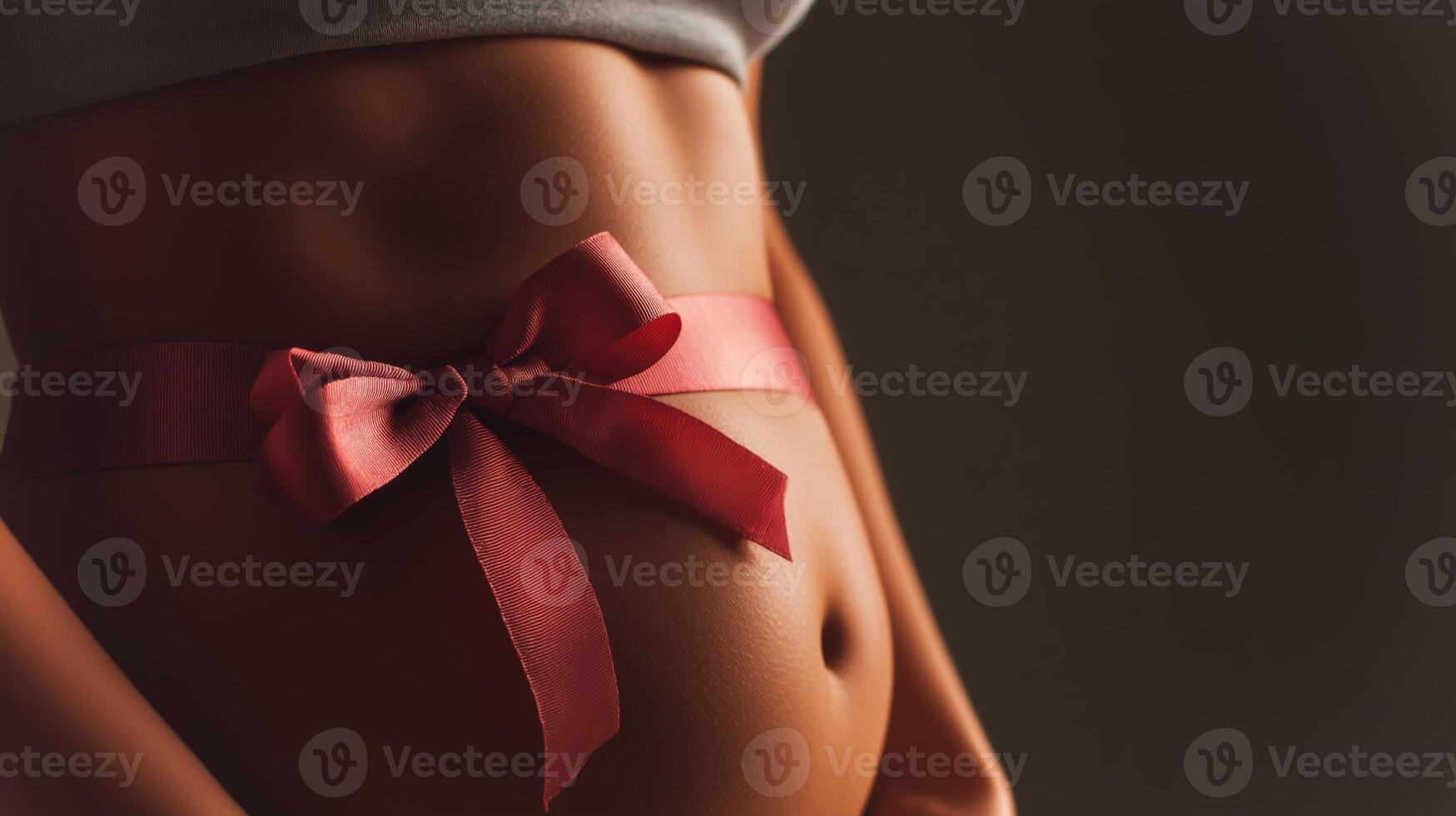 A close-up view of a pregnant woman's belly wrapped with a ribbon, symbolizing celebration and anticipation of motherhood. photo