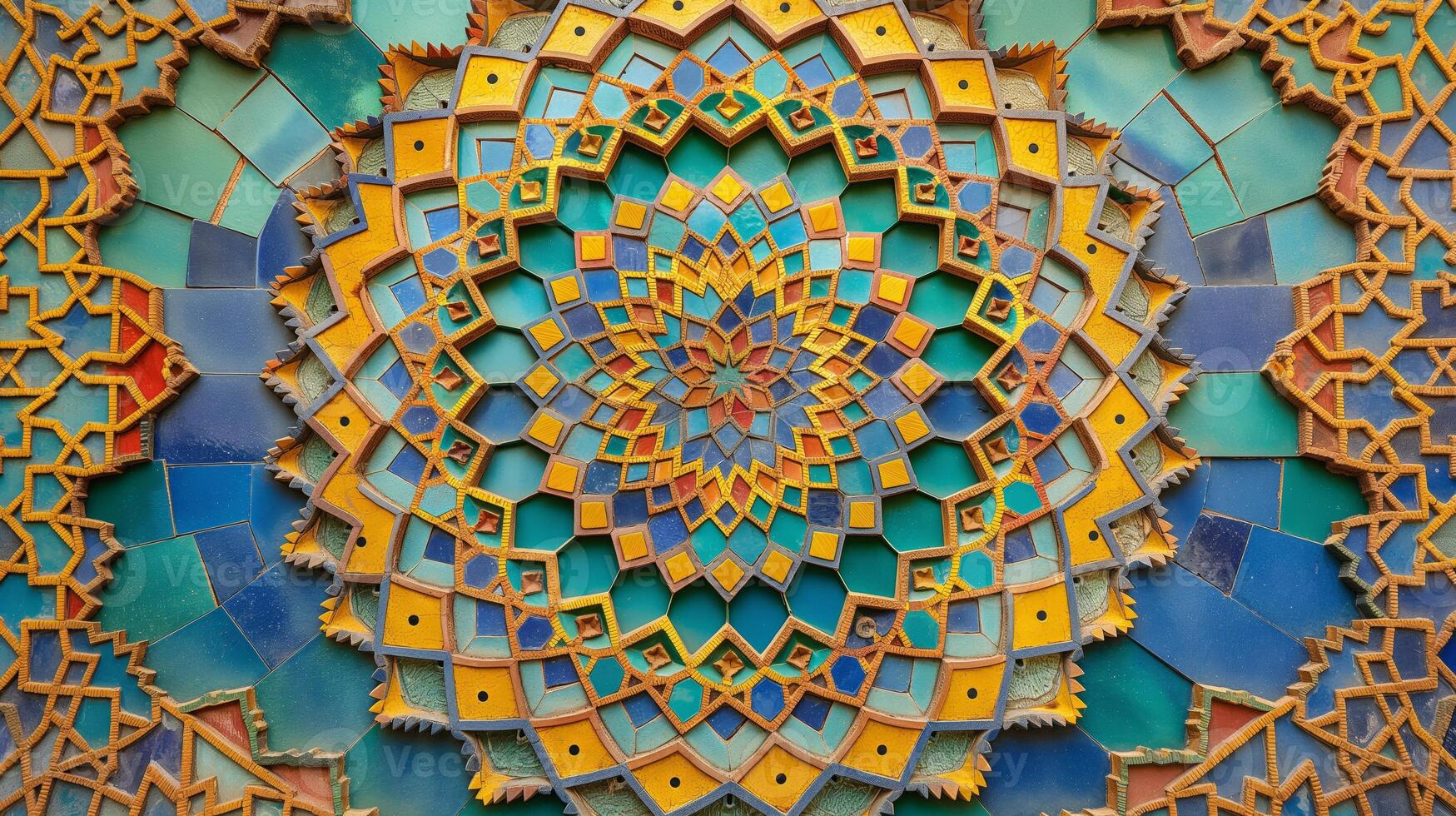 Colorful mosaic artwork showcases detailed geometric patterns in shades of blue, green, and yellow. The abstract design draws the viewer's eye with its complexity and vibrant hues. photo