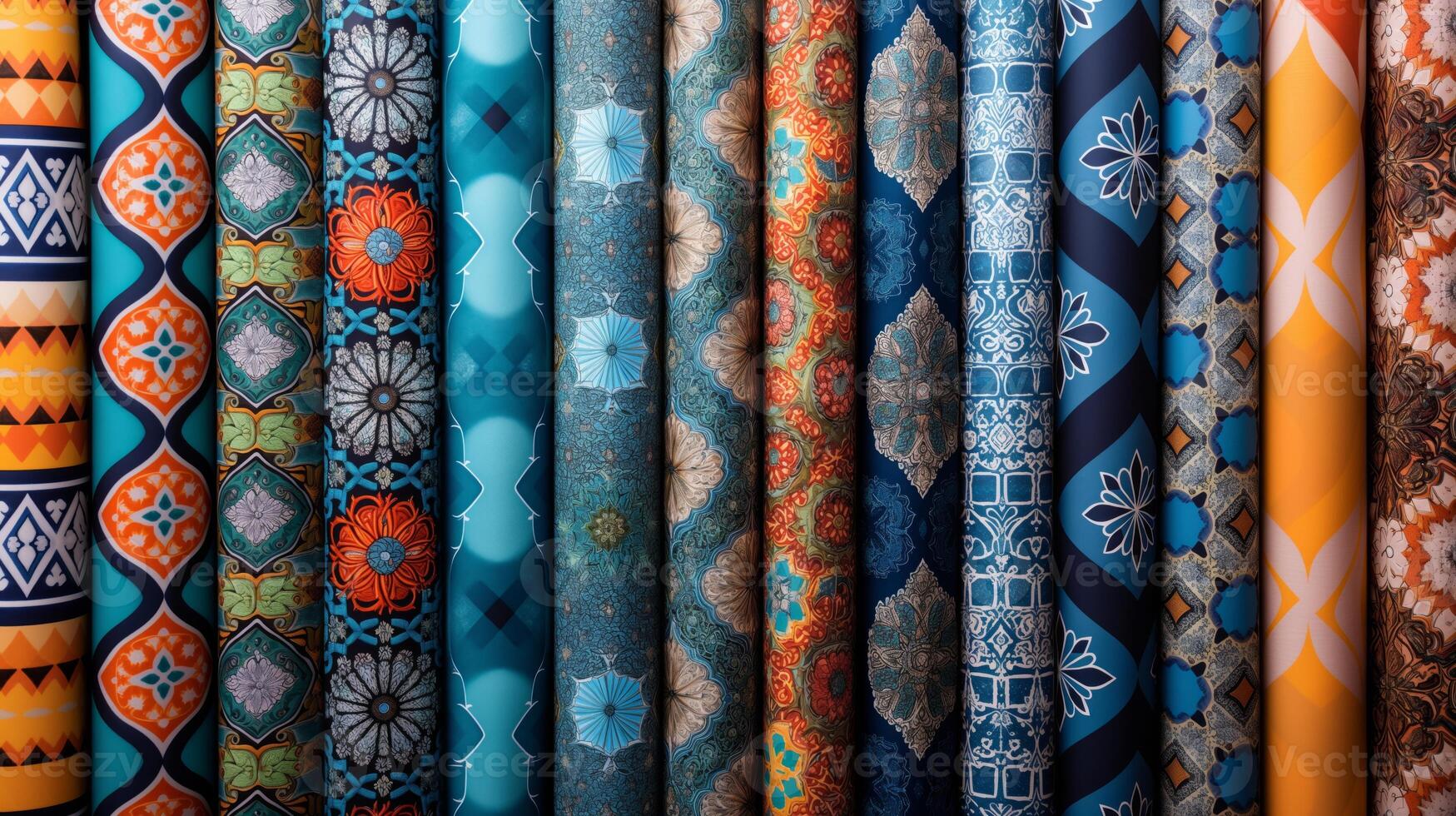 Bright and vibrant mosaic designs fill the background, showcasing various intricate patterns in shades of blue, orange, and earthy tones, perfect for artistic projects and creativity. photo