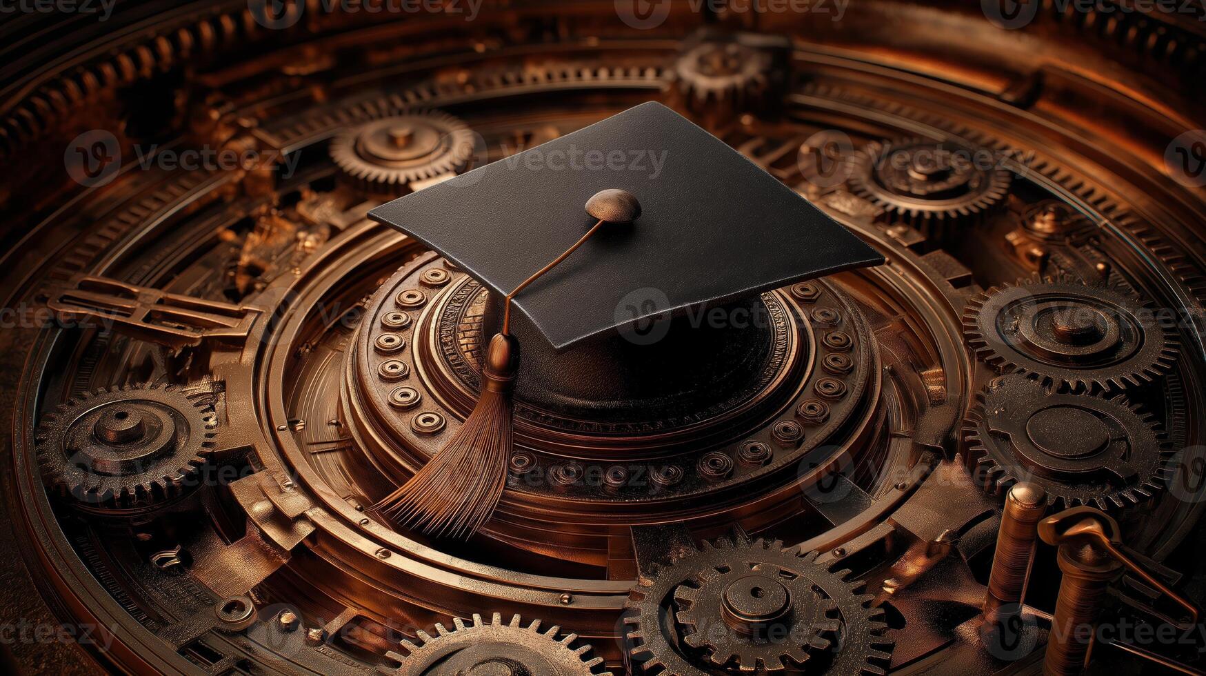 A black graduation cap with a tassel lies among large, rusty gears, symbolizing the connection between education and industry. photo