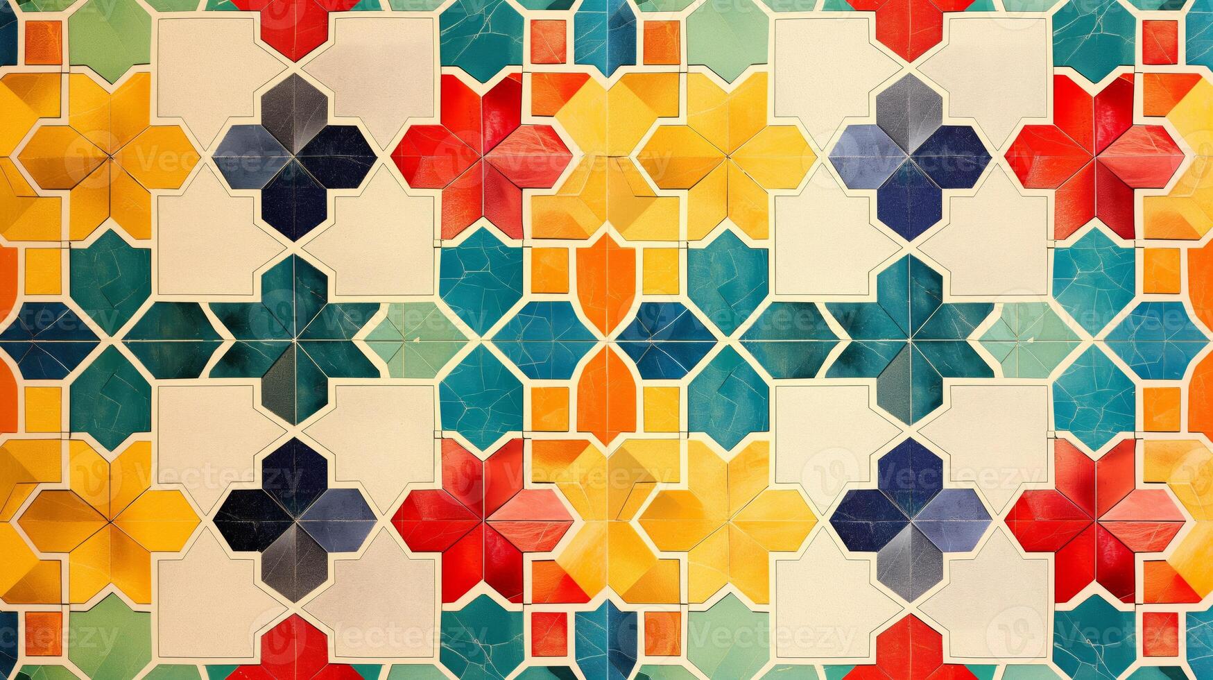 Colorful geometric shapes create a stunning mosaic pattern, reflecting intricate artistry and design. The vibrant hues of yellow, blue, red, and green come together to captivate the viewer. photo
