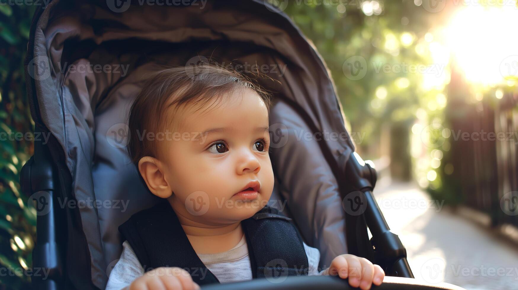 Baby sits comfortably in a stroller, gazing around with wide eyes on a sunny afternoon walk in the park, surrounded by greenery and light. photo