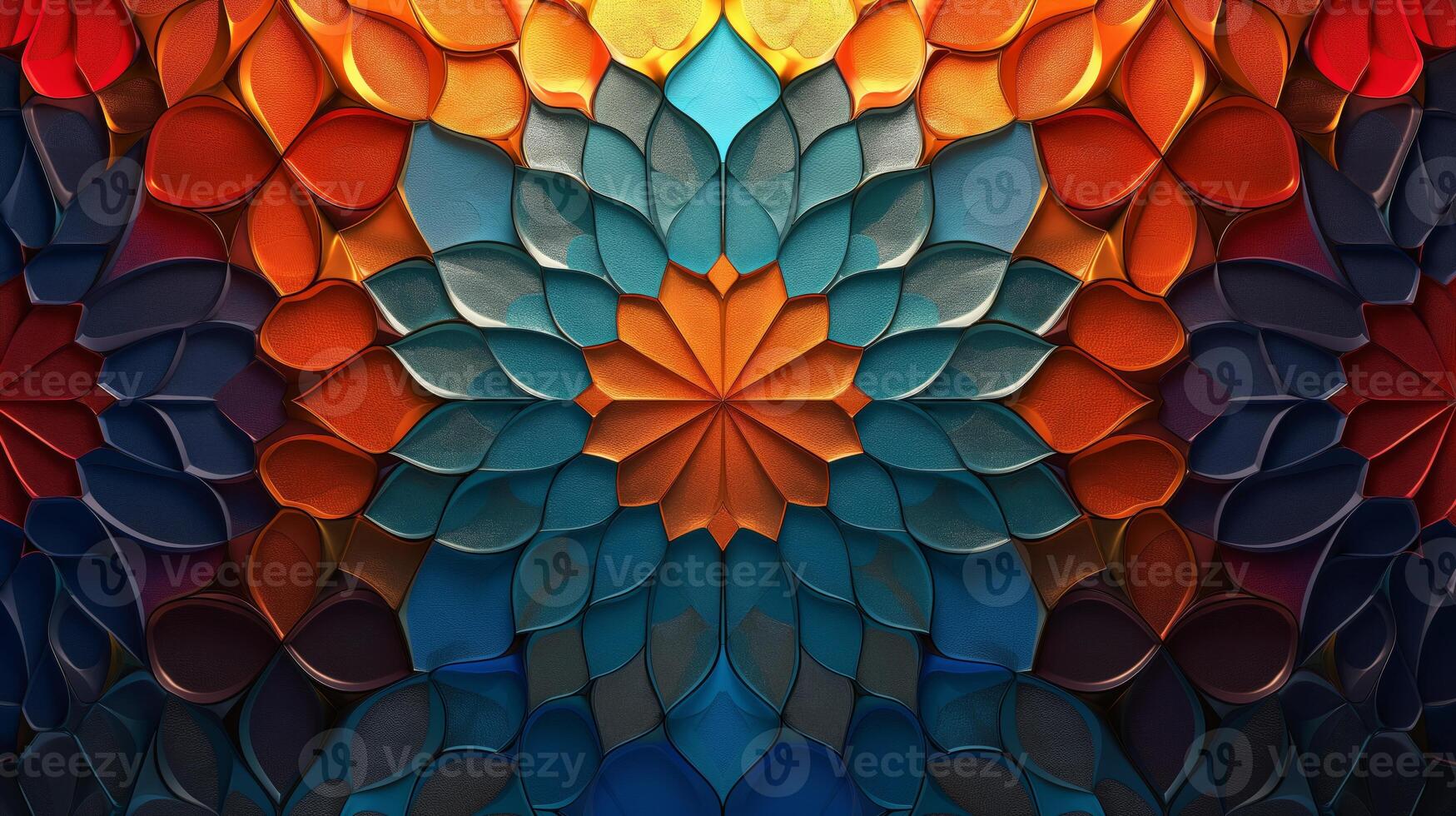 This dynamic artwork features a vivid mosaic composed of colorful shapes, blending warm oranges and cool blues. The abstract design showcases intricate patterns that draw the eye. photo