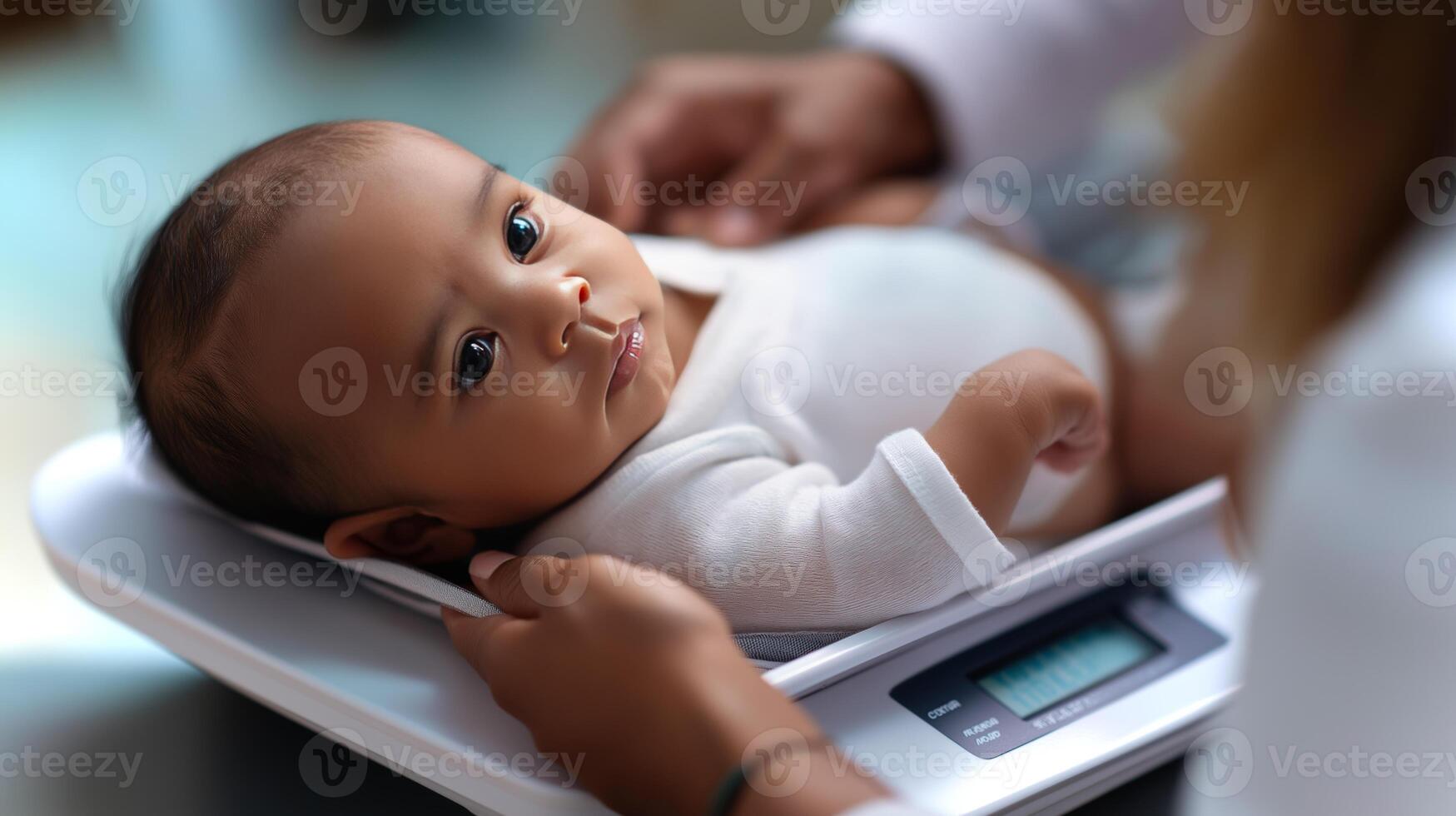 A pediatrician's office provides a safe space for an infant's weighing procedure, ensuring the baby's health is closely monitored during a routine visit. photo
