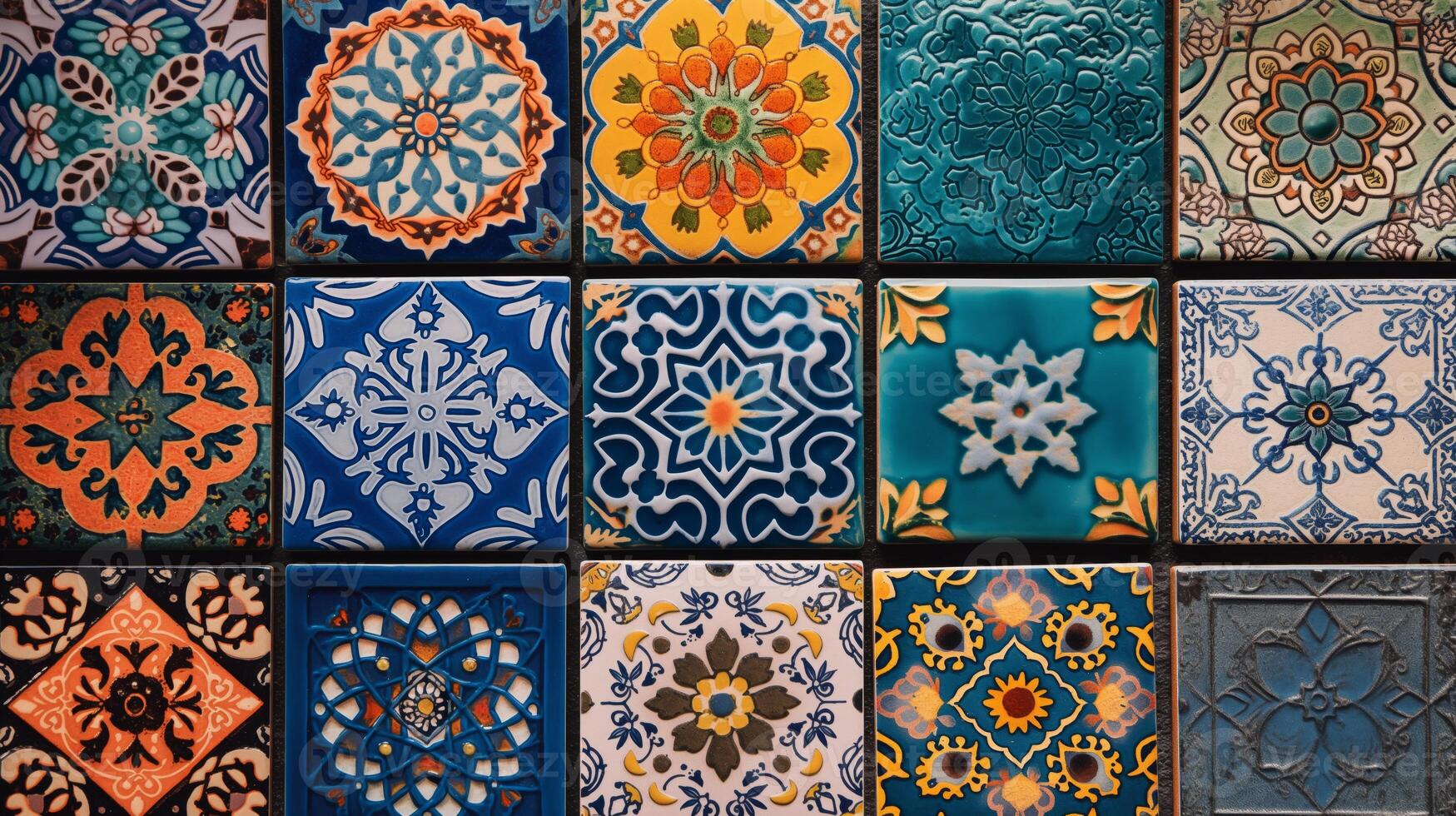 Colorful mosaic tiles arranged systematically showcase intricate designs. The artwork features blues, oranges, and greens, creating striking visual patterns that captivate the eye. photo
