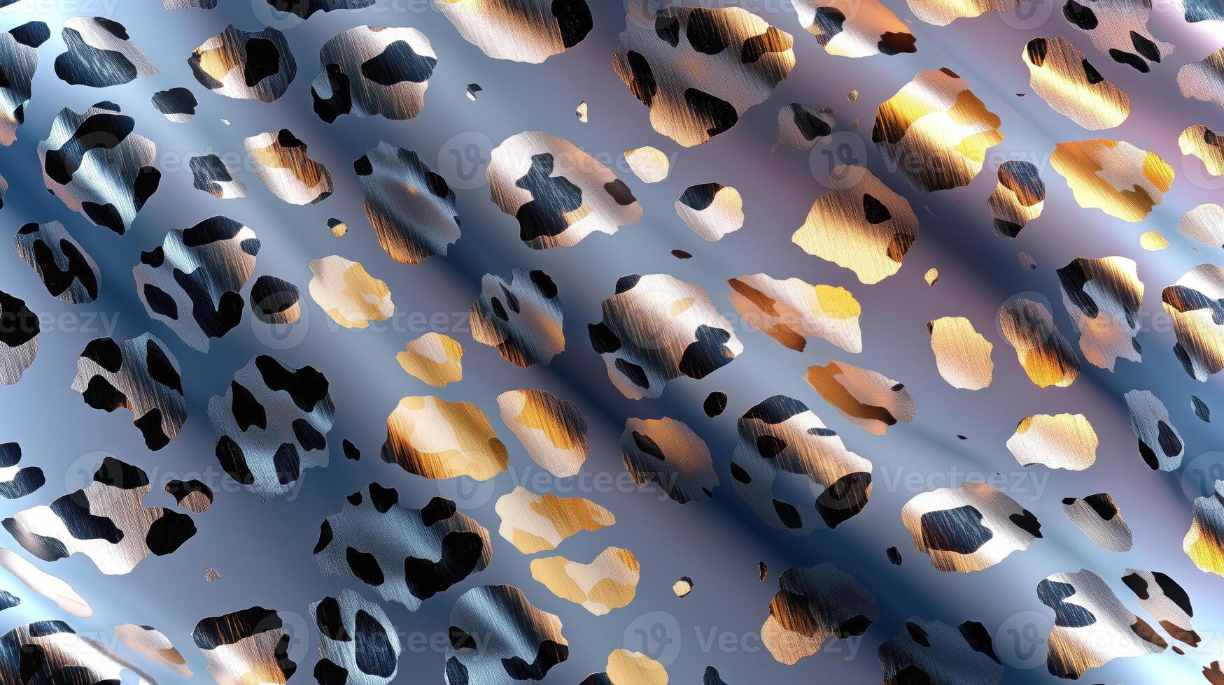 Animal skin texture showcases an alluring leopard print, featuring a smooth, shining surface against a soft blue backdrop that enhances its elegance. photo