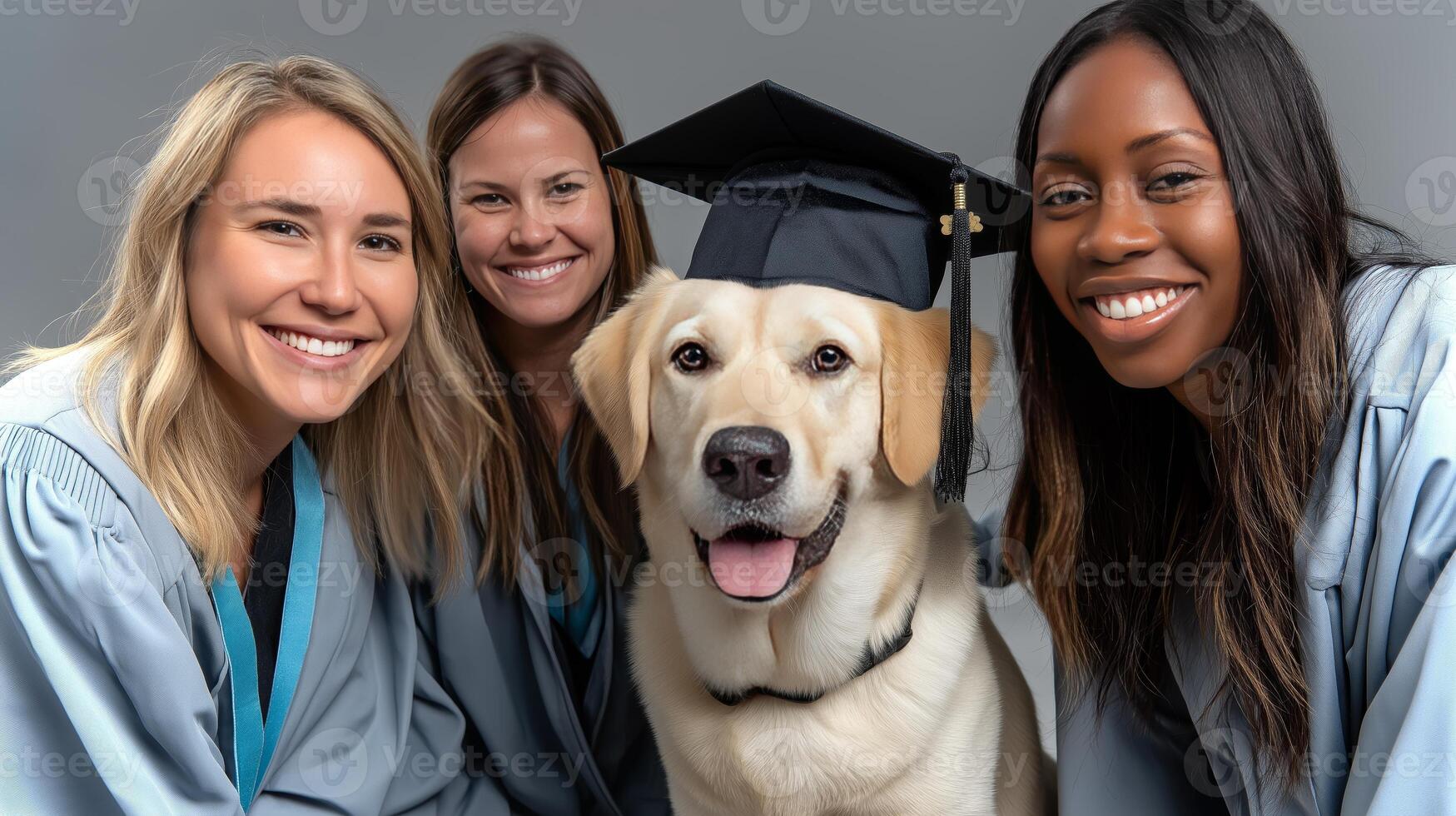 Three veterinary medicine graduates wearing caps and gowns proudly pose with a therapy dog donning a graduation cap, radiating joy and accomplishment. photo