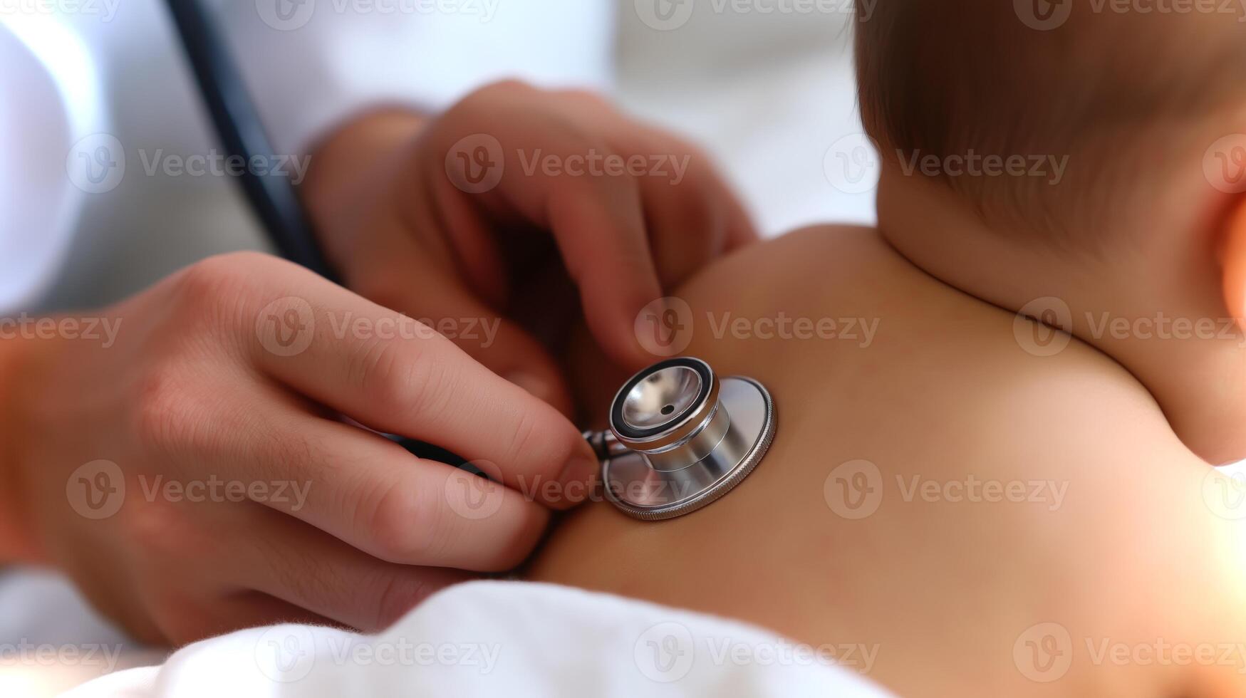 A healthcare professional examines an adorable baby using a stethoscope, ensuring a thorough medical checkup in a warm clinic setting. photo