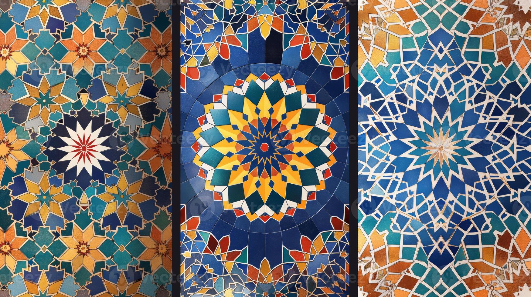 Intricate mosaic patterns display a blend of blue, orange, and yellow hues. The vibrant designs create a visually captivating backdrop, emphasizing the beauty of abstract artistry. photo