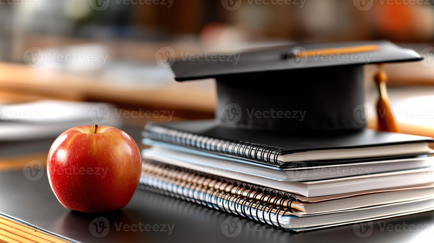 A graduation cap is perched on a glossy apple, which is stacked on top of notebooks in a classroom environment, symbolizing academic achievement. photo