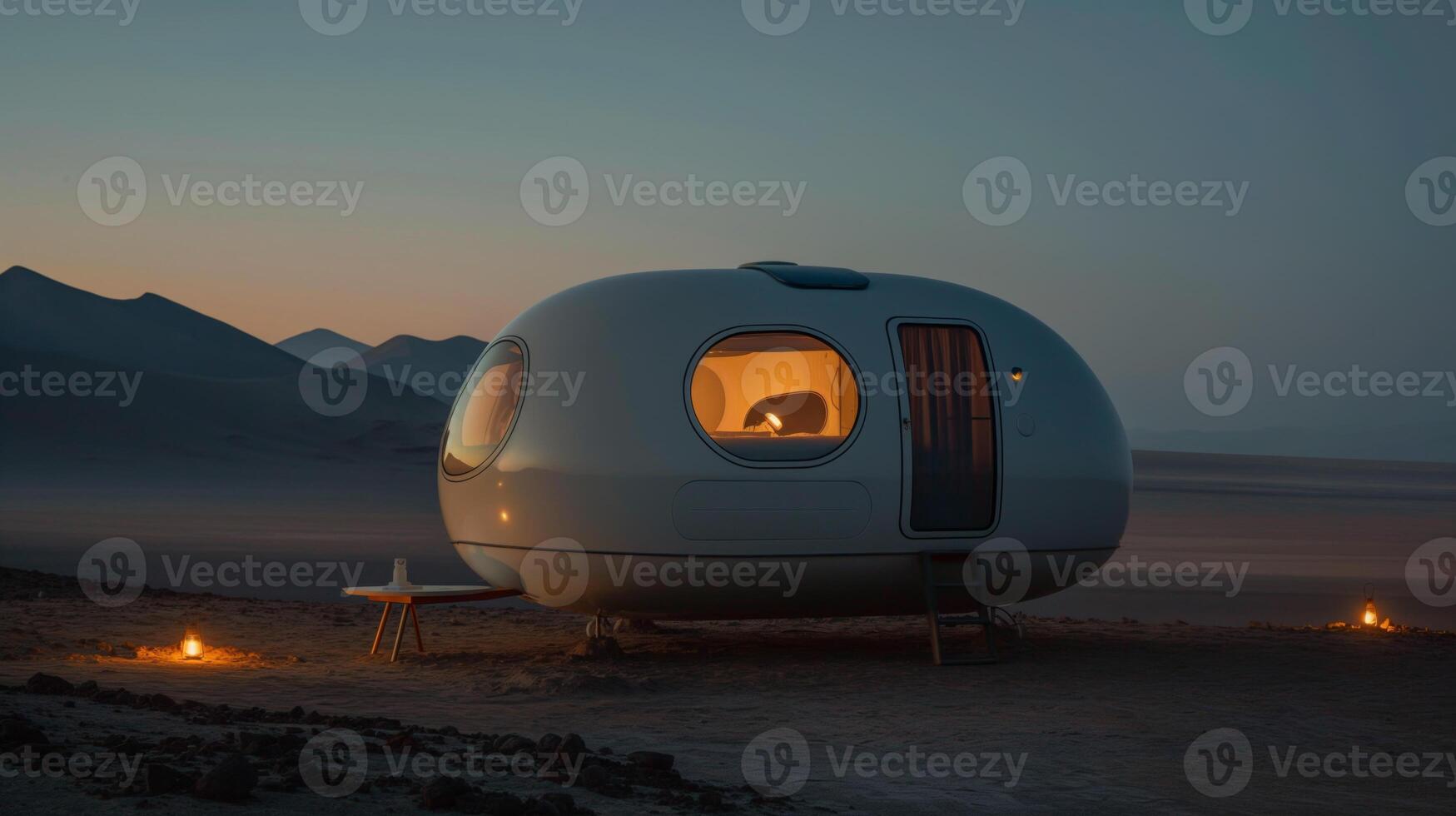 In a serene desert setting, a sleek, futuristic dwelling glows softly as dusk settles. A solitary figure gazes out from a rounded window, celebrating solitude beneath a star-filled sky. photo