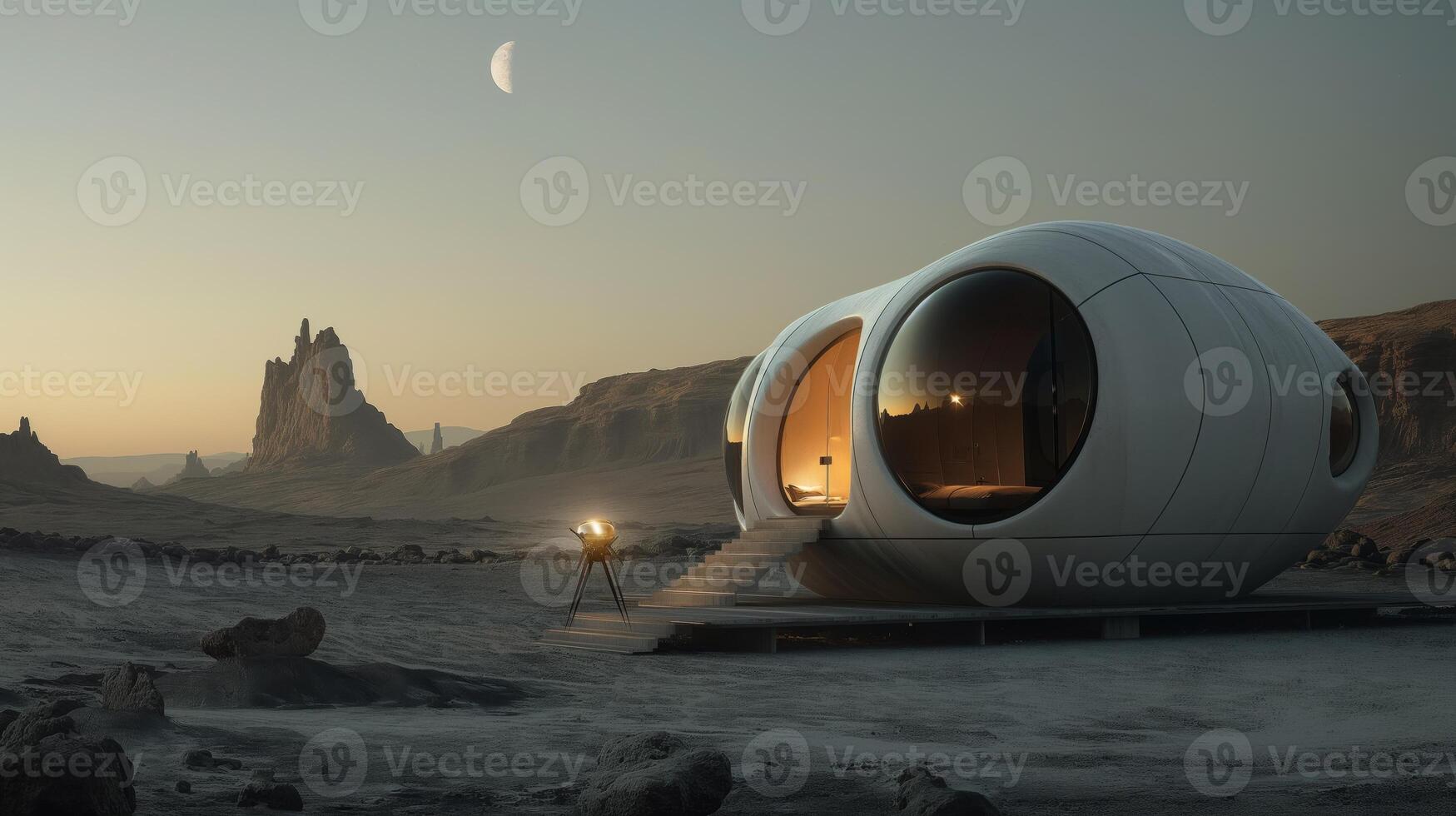 A sleek, modern habitat stands in an otherworldly terrain, illuminated by soft interior lights. The moon rises above distant rock formations, enhancing the serene cosmic ambiance. photo