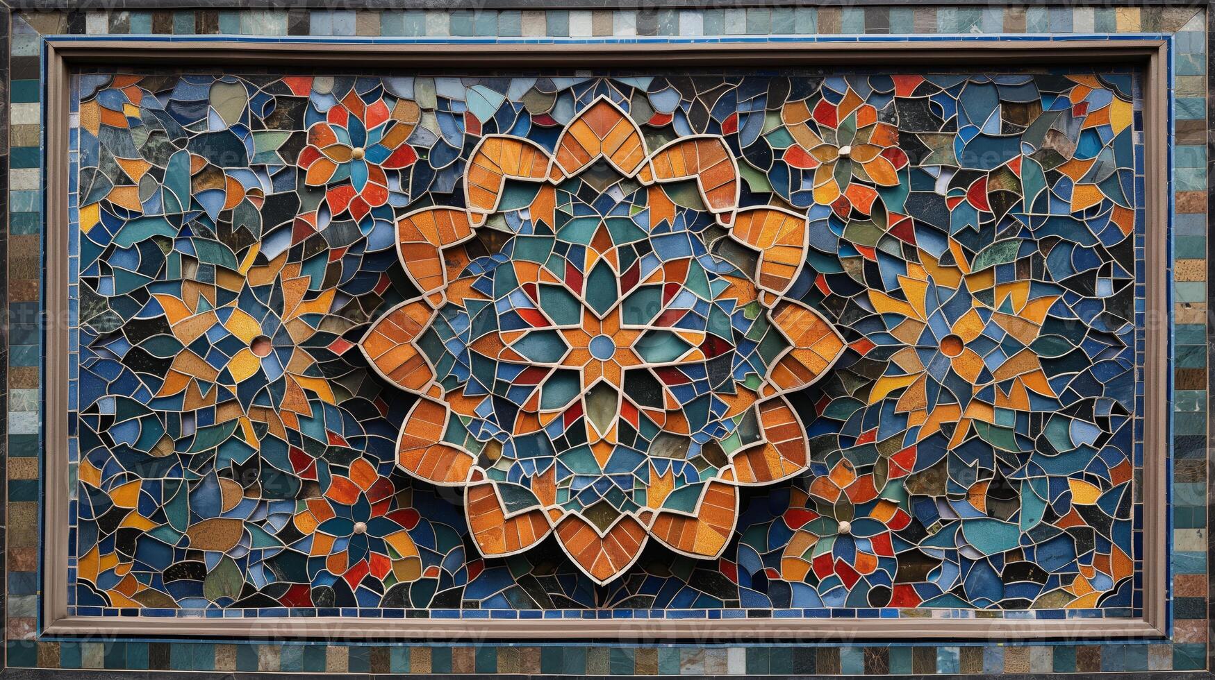 Decorative mosaic art showcases intricate floral designs with vibrant colors and patterns. The background features a blend of blues, oranges, and yellows, creating a striking abstract look. photo