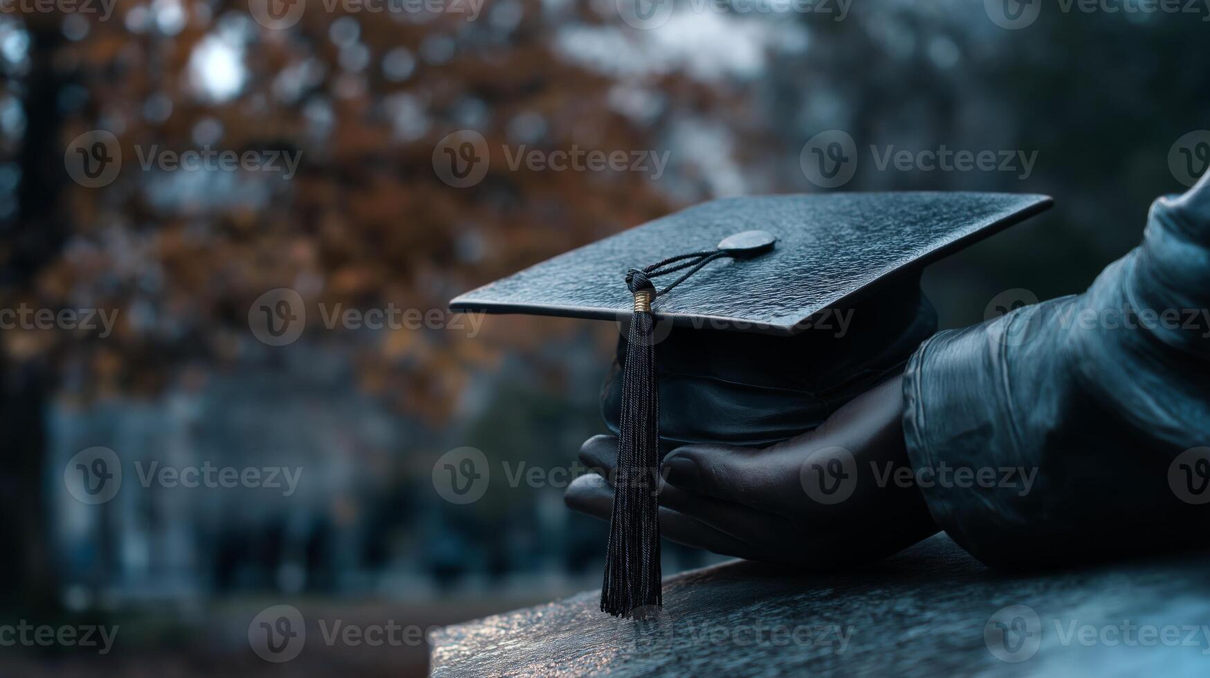 A graduation cap rests on a bronze statue at a university, surrounded by autumn foliage, symbolizing academic success and celebration. photo