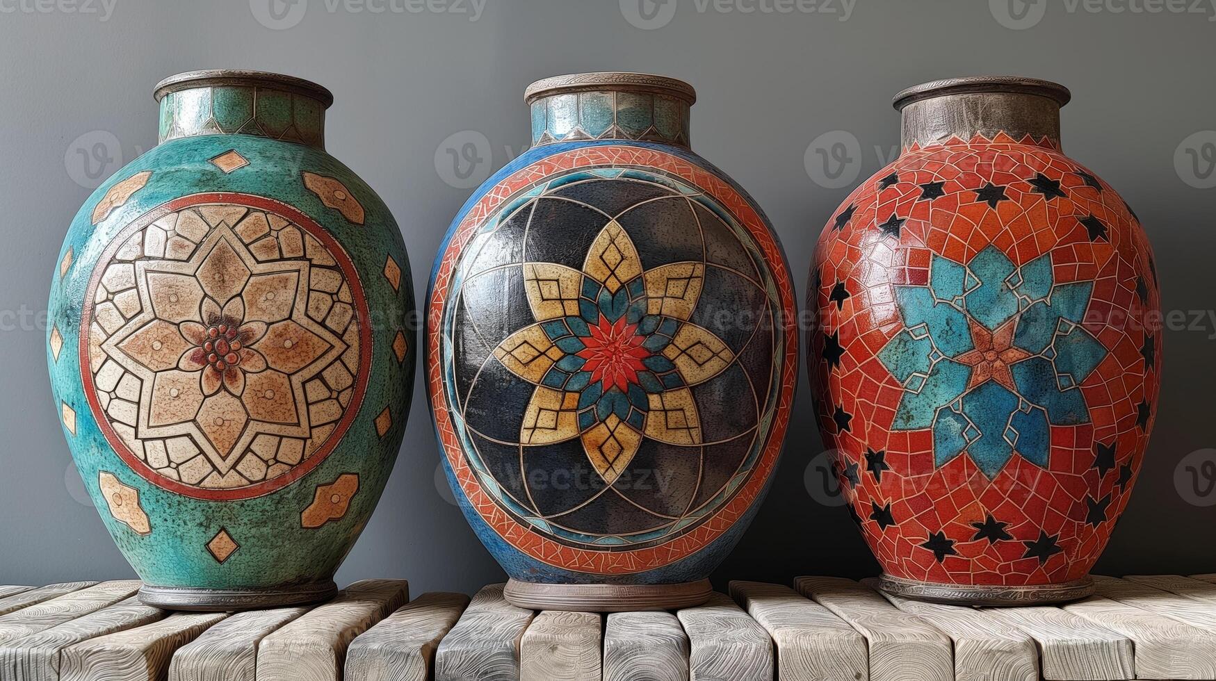 Three beautifully crafted mosaic vases showcase intricate designs in vibrant colors, positioned on a wooden surface against a neutral backdrop, highlighting their artistic details. photo