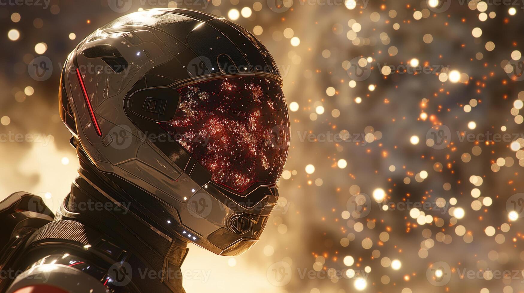An advanced space nomad stands in a shimmering cosmic environment, helmet reflecting galaxies and star clusters while surrounded by sparkling particles. Adventure awaits beyond the horizon. photo