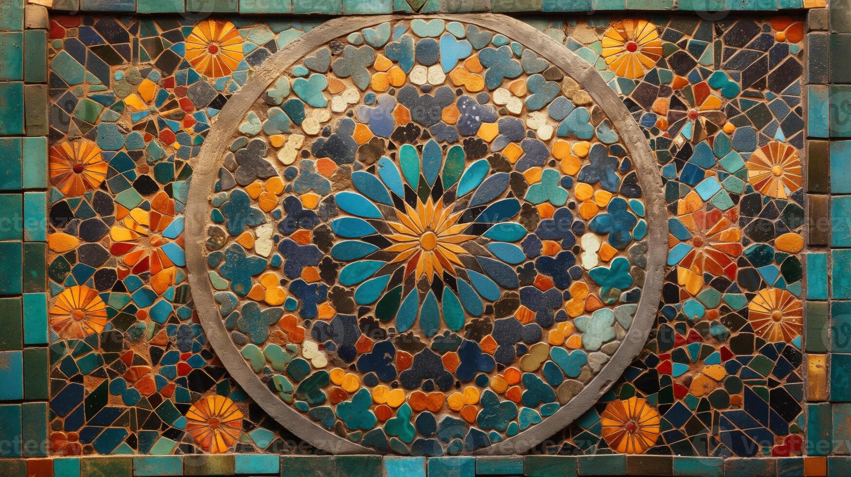 Intricate mosaic artwork showcases a vibrant array of colors and patterns, blending blues, oranges, and greens. The circular design creates a captivating focal point in an artistic background. photo