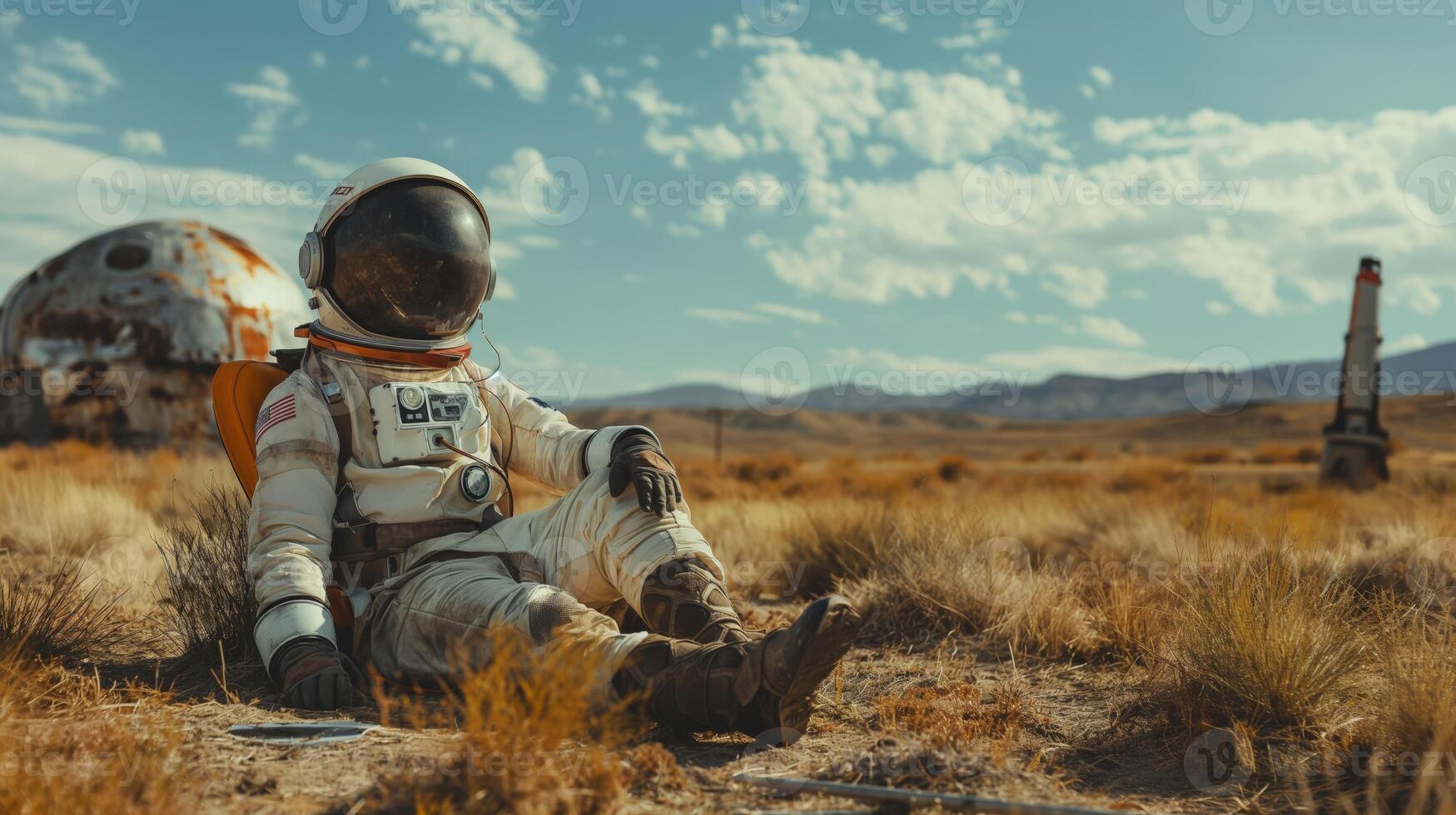An astronaut sits comfortably on the ground in a barren area, surrounded by golden grasses. In the background, an abandoned spacecraft and a distant rocket can be seen against a bright blue sky. photo