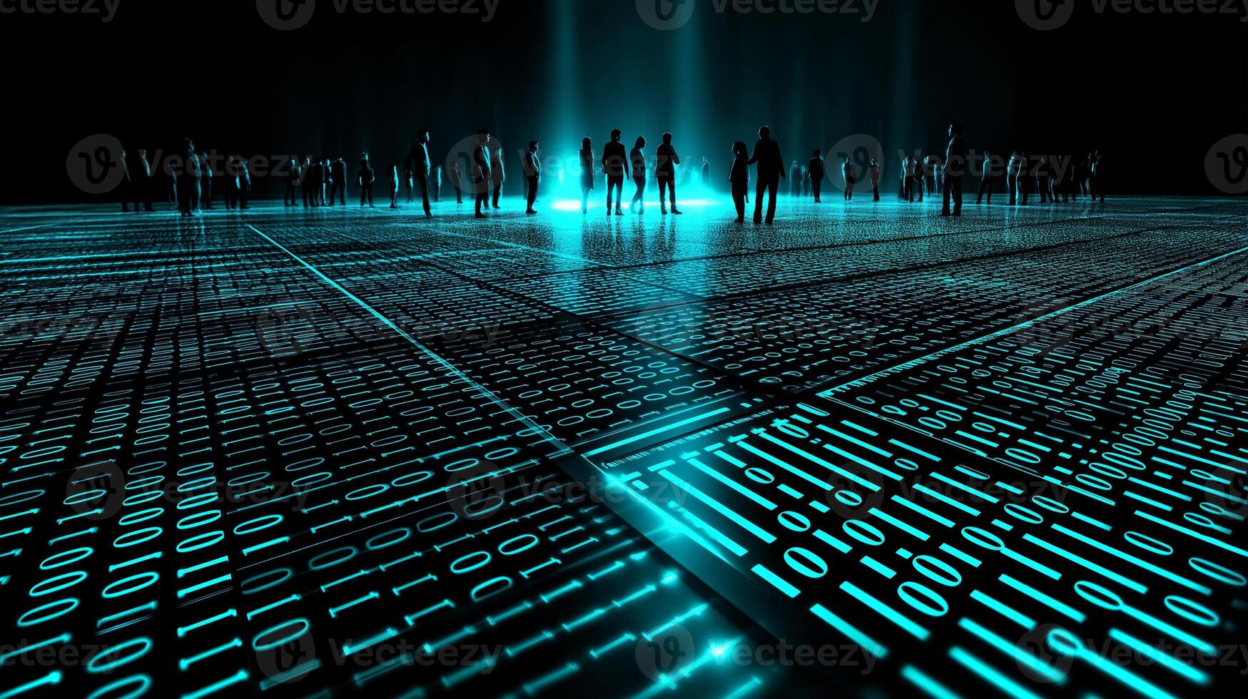 Graduating computer science students create binary code patterns at their ceremony, set against a digital backdrop and vibrant lighting. photo