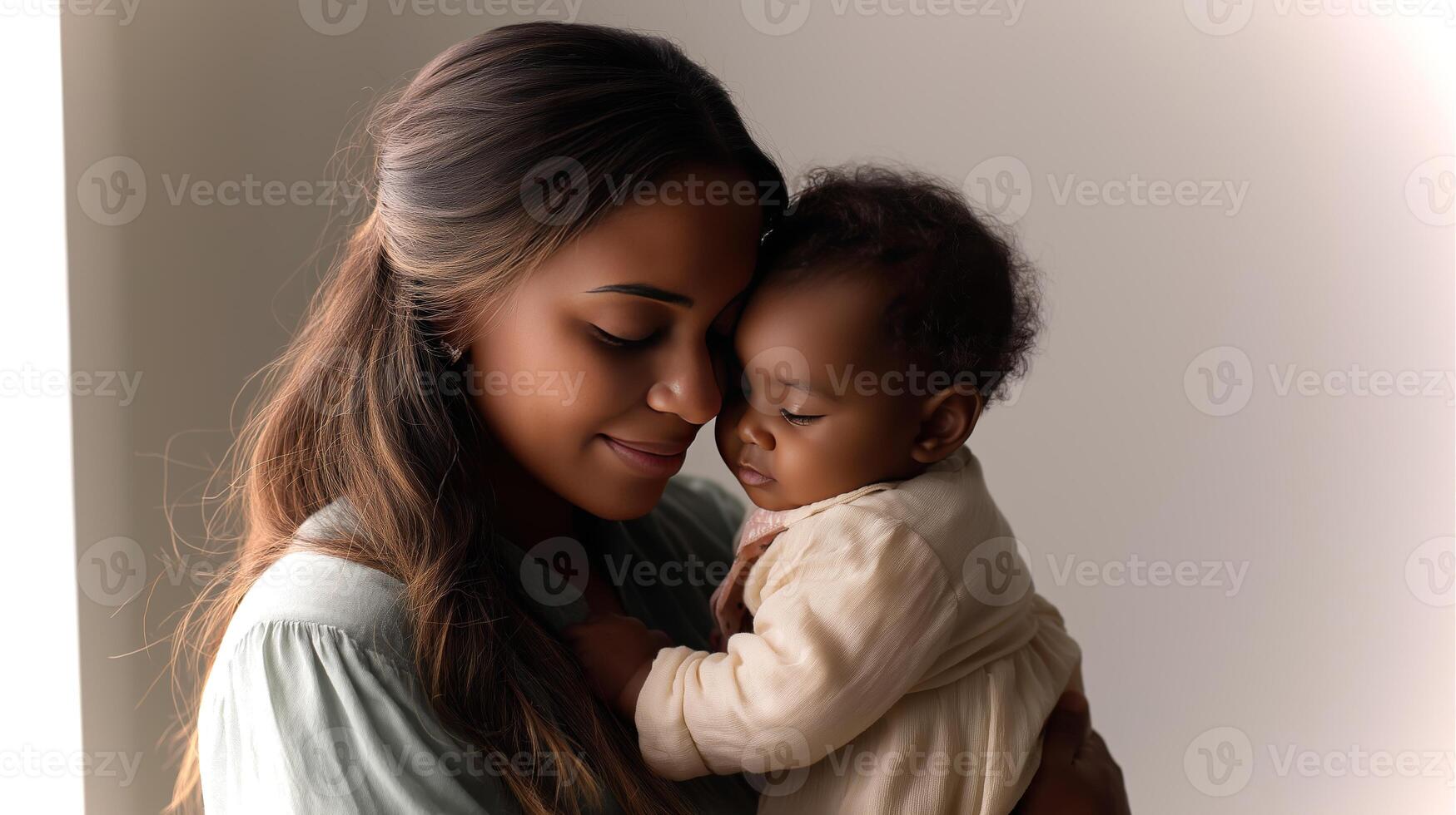 A mother lovingly embraces her baby in a cozy indoor setting, sharing a tender connection filled with warmth and affection during a peaceful moment. photo