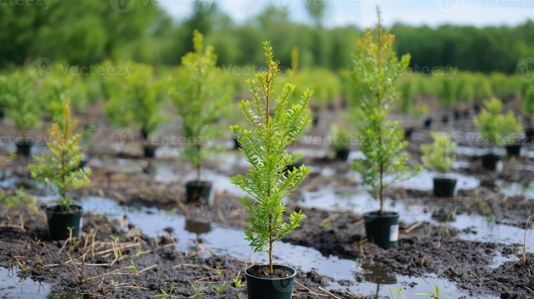 In a lush outdoor environment, individuals are actively planting young saplings in soil enriched with nutrients, aiming to restore forests and promote ecological balance and conservation. photo