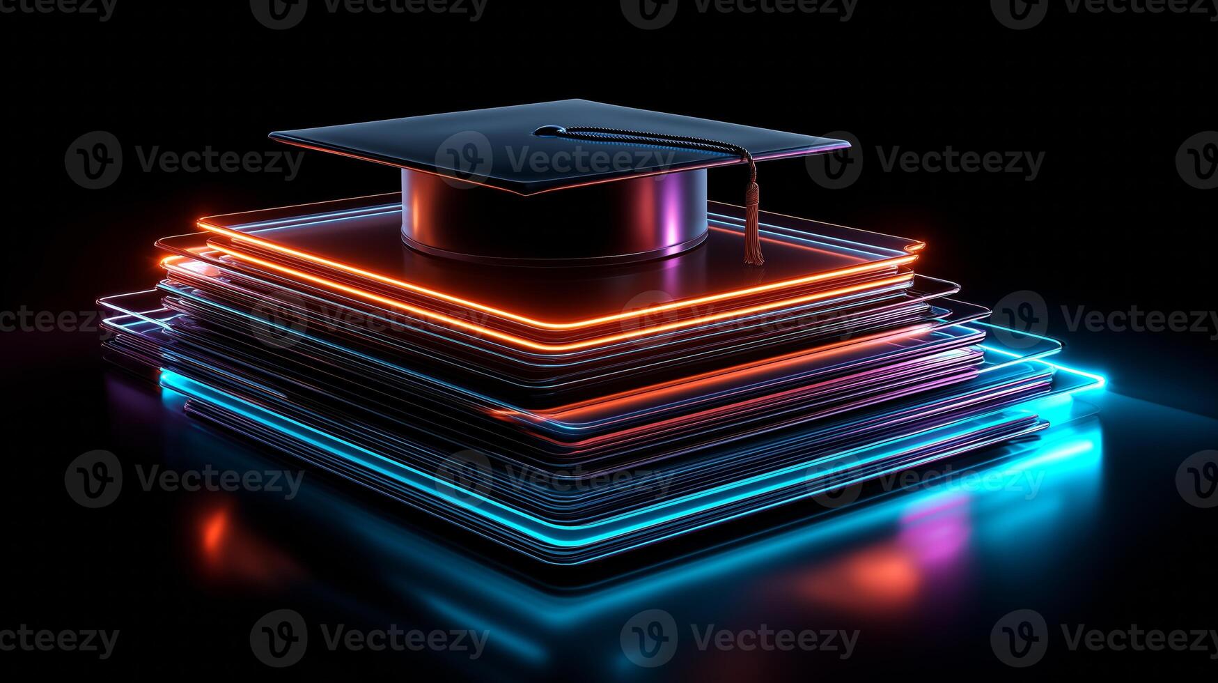 A graduation cap rests atop a vibrant stack of glowing neon layers, symbolizing achievement and innovation in a futuristic setting. photo