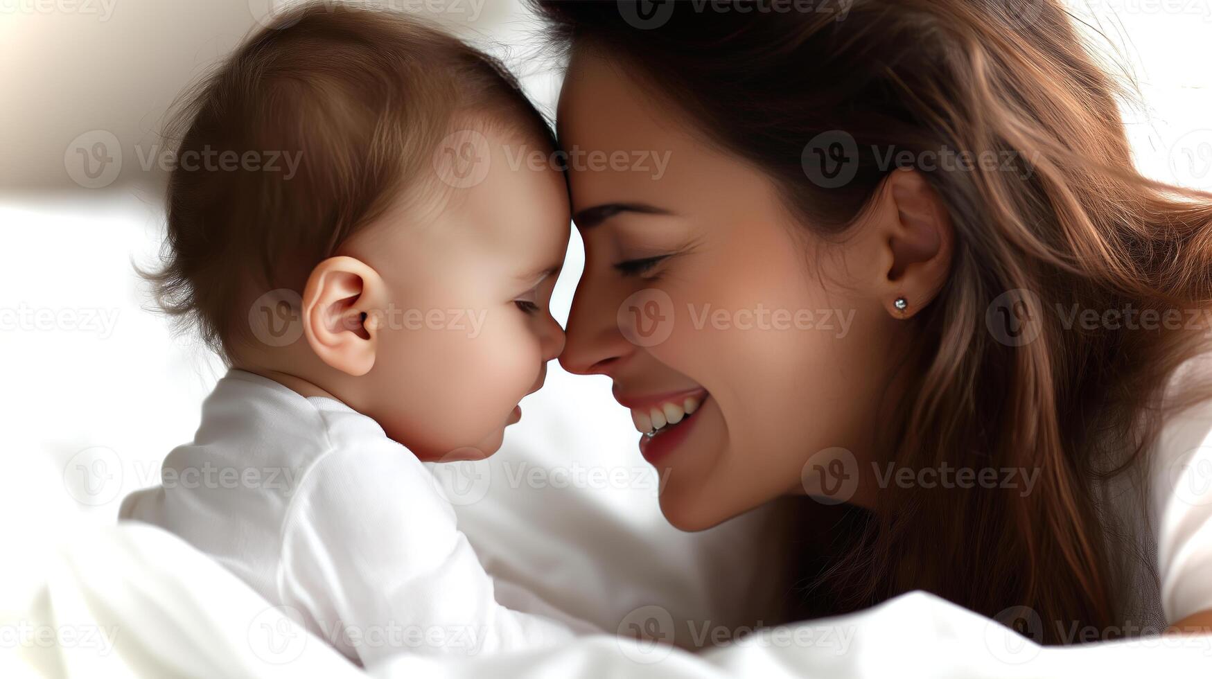 A mother and her adorable baby touch noses, sharing a joyful connection on a soft white bed. photo