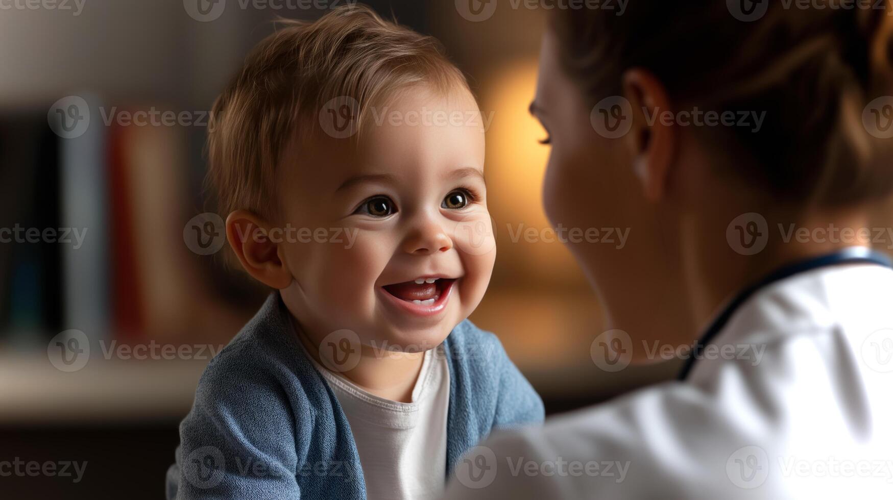 A pediatrician engages with a cheerful baby, fostering a playful atmosphere during a routine check-up. The clinic is bright and inviting, promoting health. photo