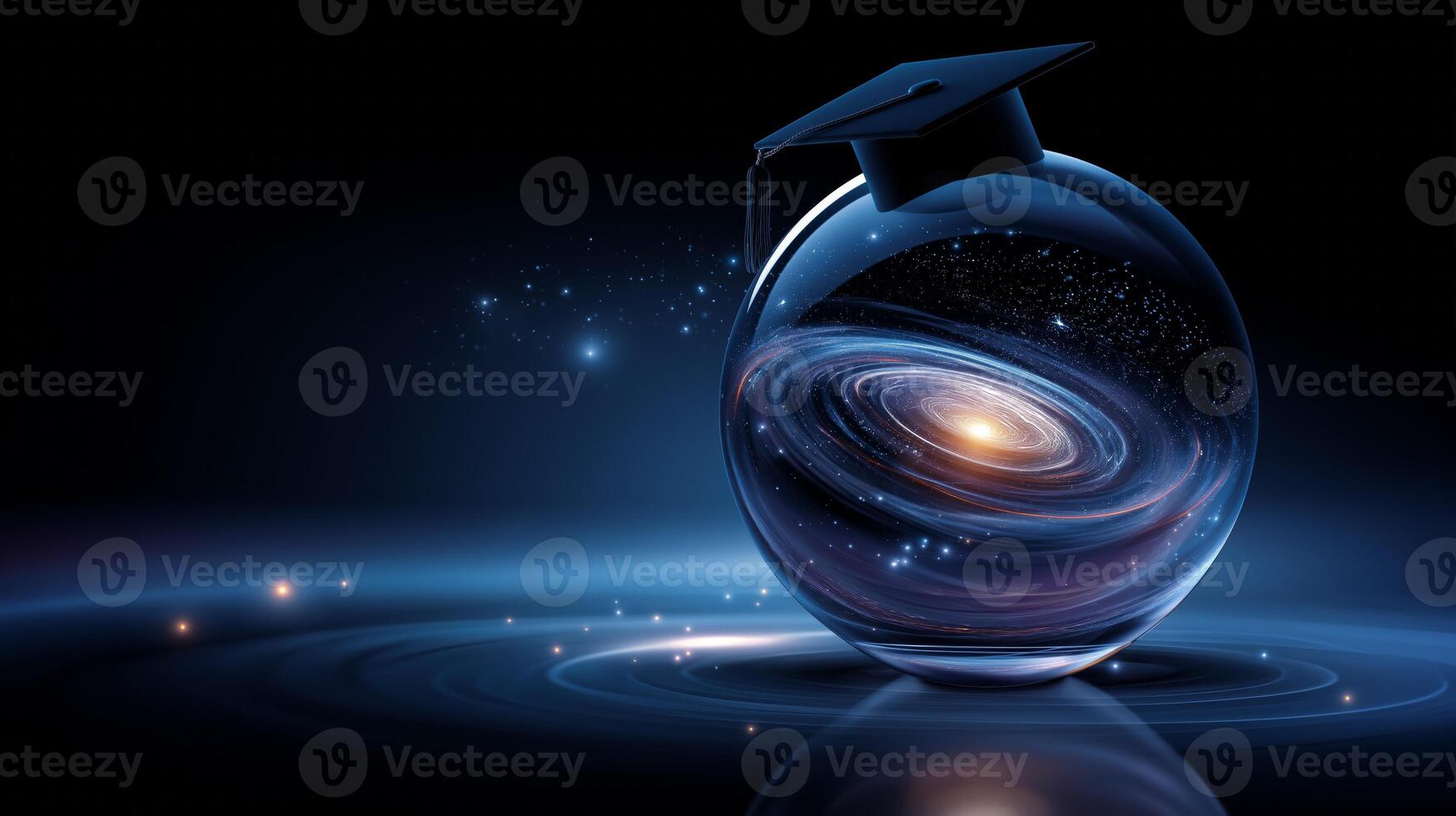 A graduation cap floats gracefully above a vibrant swirling galaxy, symbolizing the journey of education and boundless possibilities that lie ahead. photo