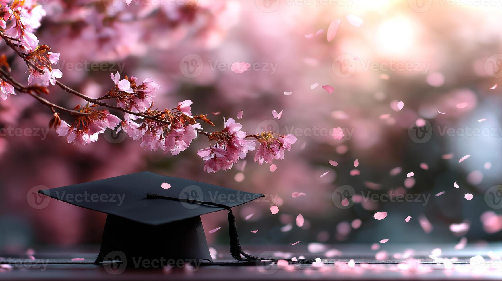 A black graduation cap rests on a surface, embraced by vibrant cherry blossoms. Delicate pink petals float gracefully in the air amidst a soft, glowing background. photo
